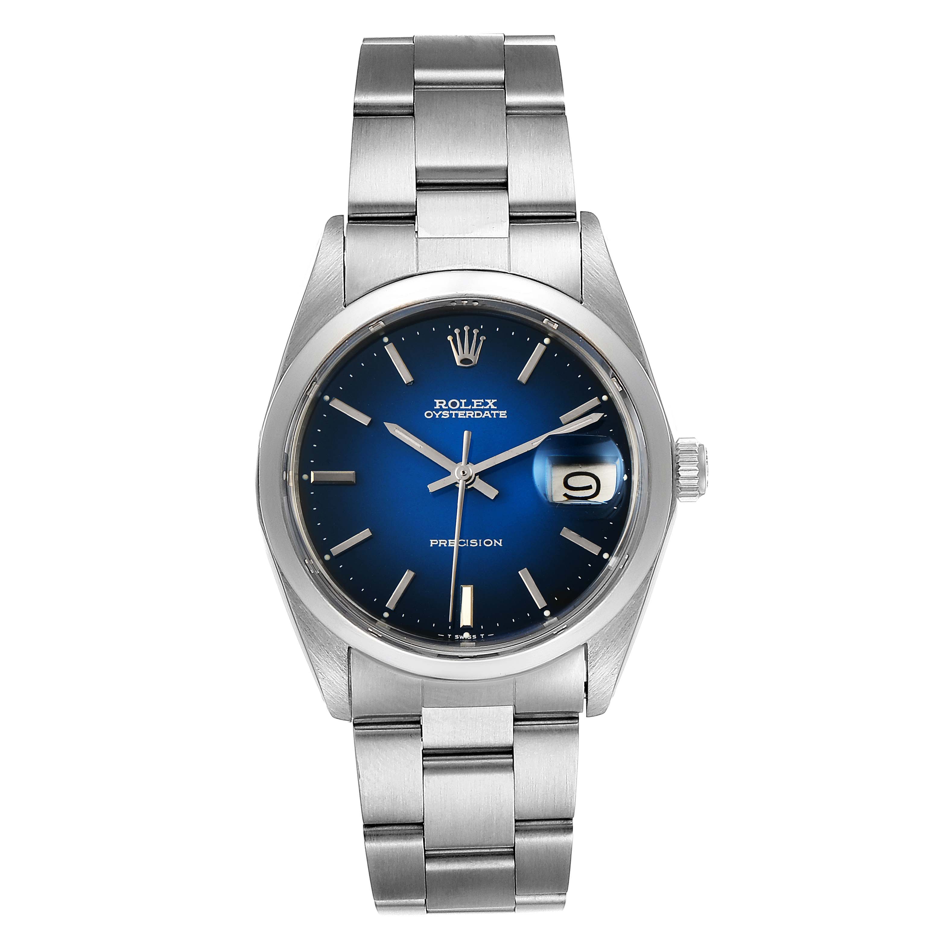 This image shows a Rolex Vintage Collection 6694 Men's Stainless Steel Blue Dial 6694 Men's Stainless Steel Blue Dial model watch from the front, highlighting the dial, hands, date window, bezel, and bracelet.