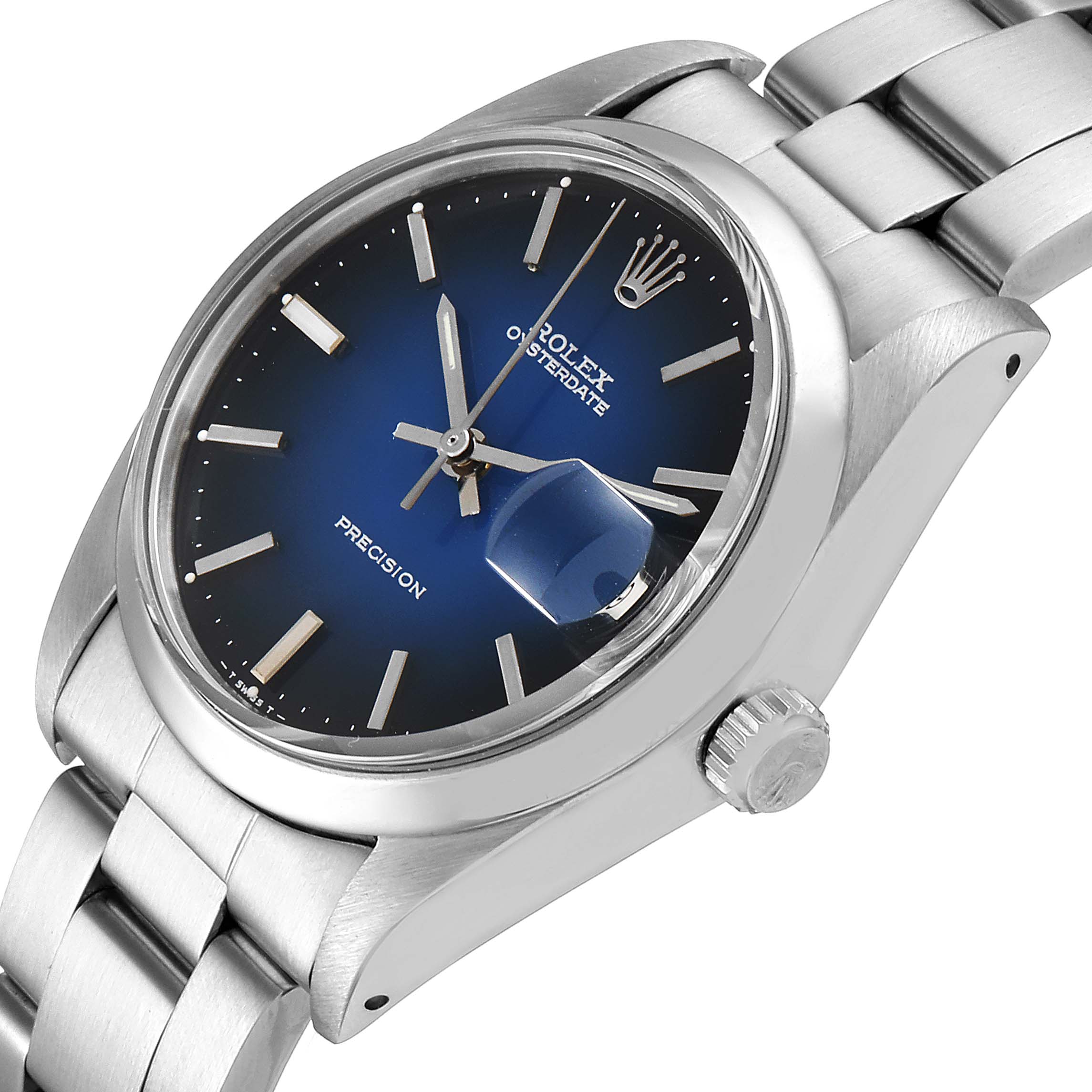 This image shows a close-up angle of the Rolex Vintage Collection 6694 Men's Stainless Steel Blue Dial 6694 Men's Stainless Steel Blue Dial watch, highlighting the dial, crown, and part of the bracelet.