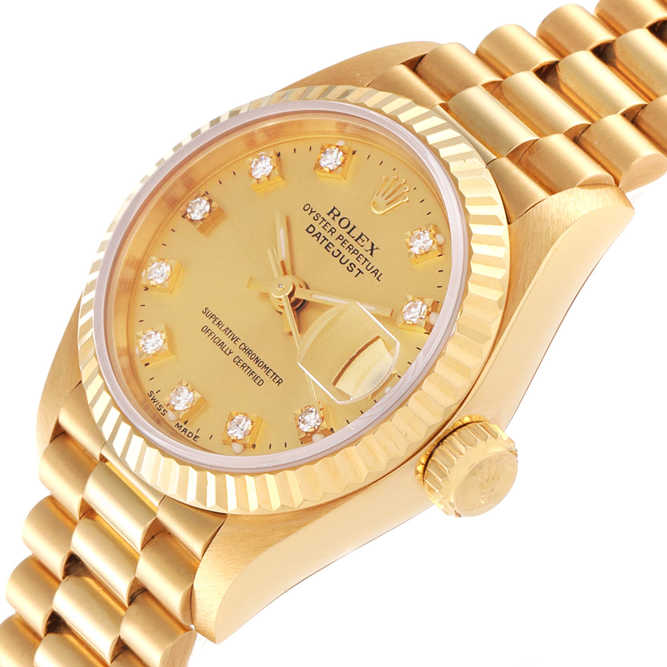 The image shows a side angle view of the Rolex Datejust 69178 Women's Yellow Gold Champagne Dial 69178 Women's Yellow Gold Champagne Dial, highlighting the dial, bracelet, crown, and fluted bezel.