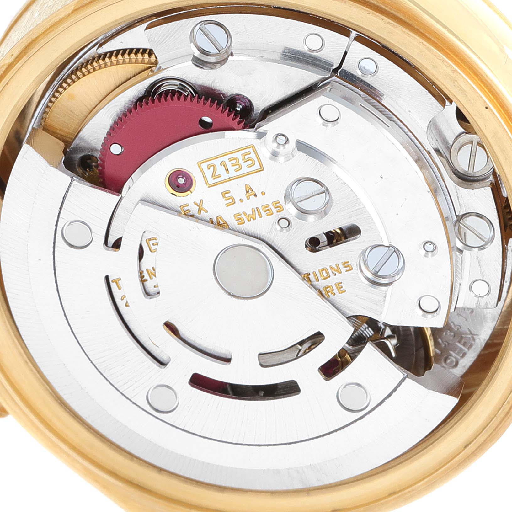 This image shows the internal movement parts of a Rolex Datejust 69178 Women's Yellow Gold Champagne Dial 69178 Women's Yellow Gold Champagne Dial watch from a back-angle view.