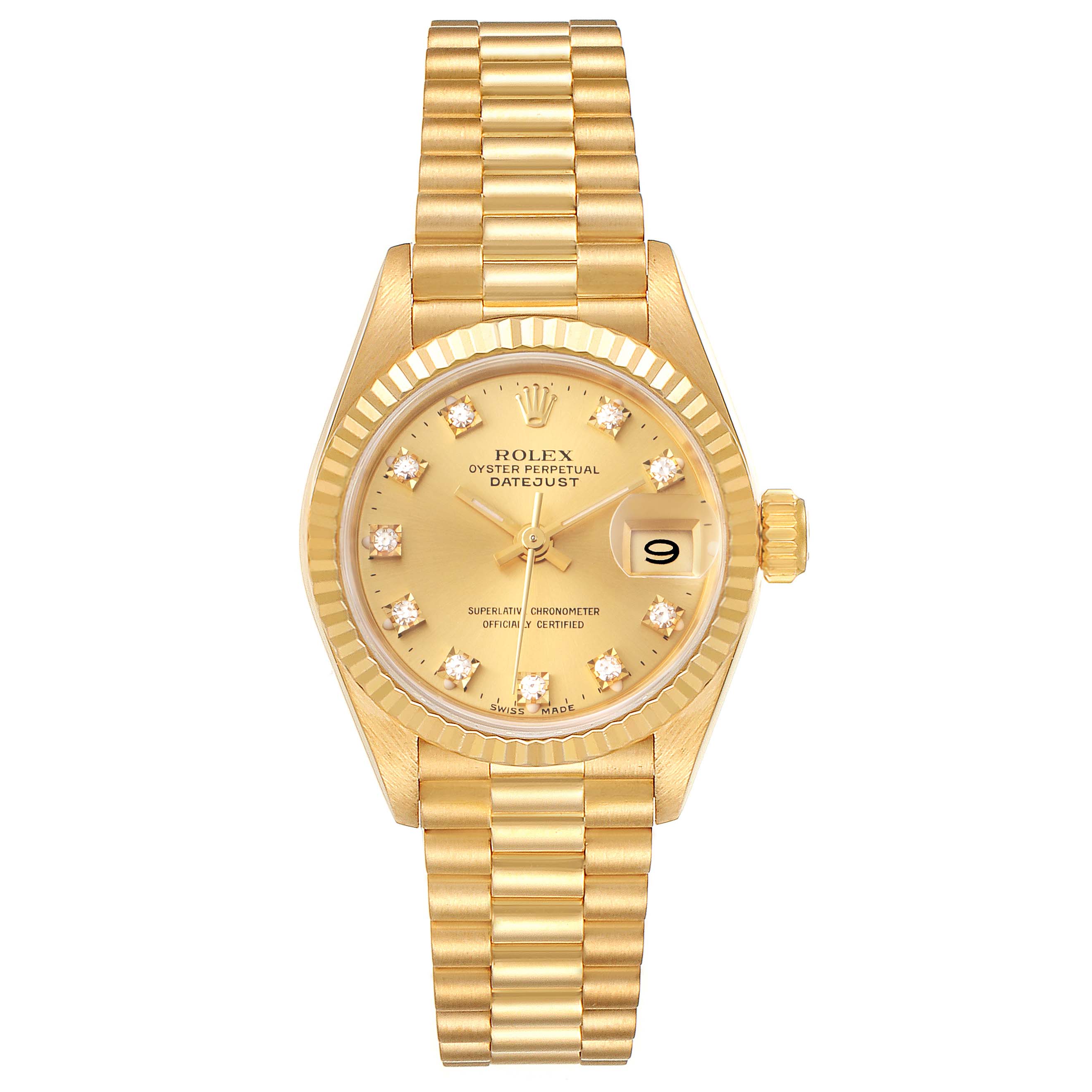 The image shows a front view of a Rolex Datejust 69178 Women's Yellow Gold Champagne Dial 69178 Women's Yellow Gold Champagne Dial watch, displaying the dial, bezel, and bracelet.