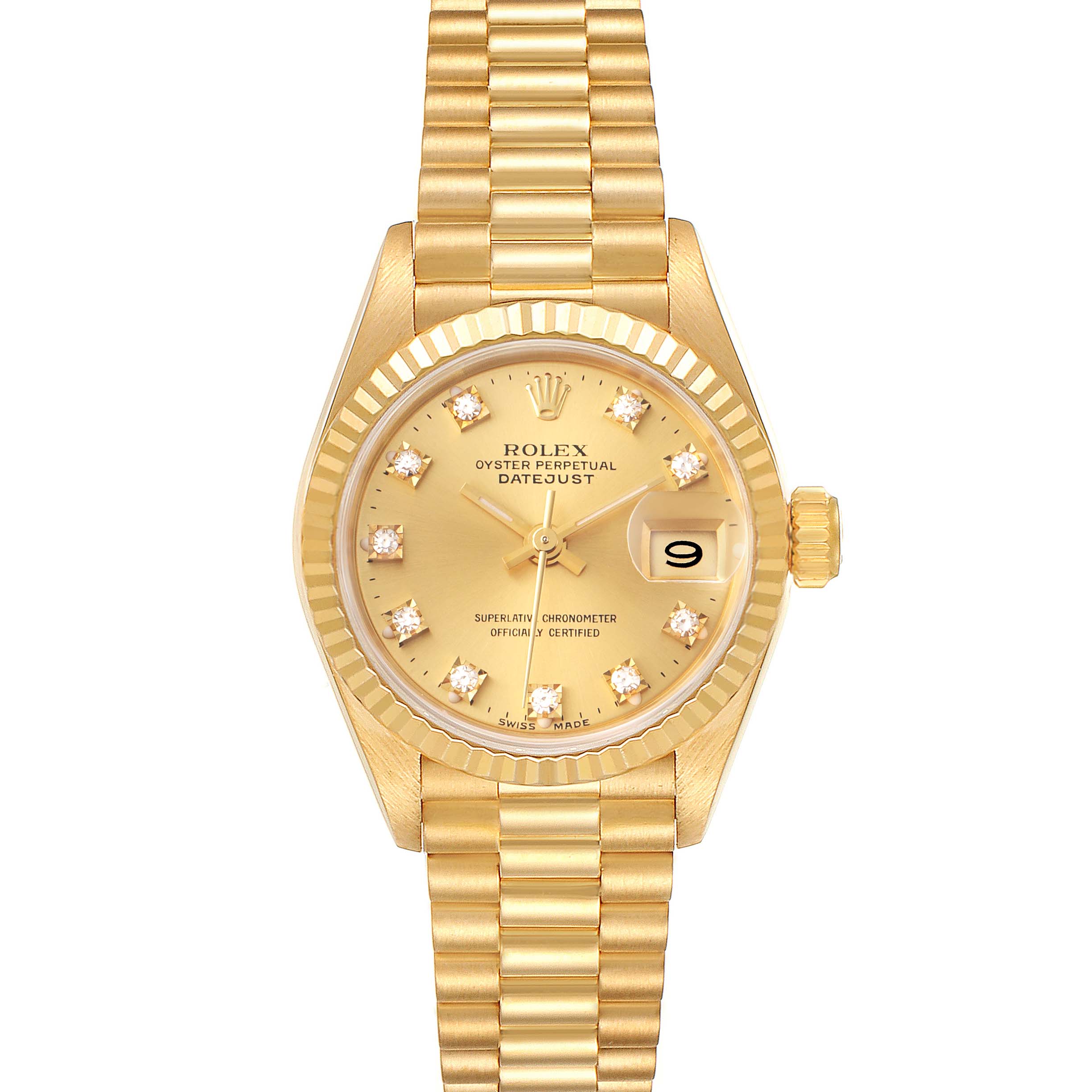 This is a straight-on view of a Rolex Datejust 69178 Women's Yellow Gold Champagne Dial 69178 Women's Yellow Gold Champagne Dial watch, displaying the face, dial, and bracelet.