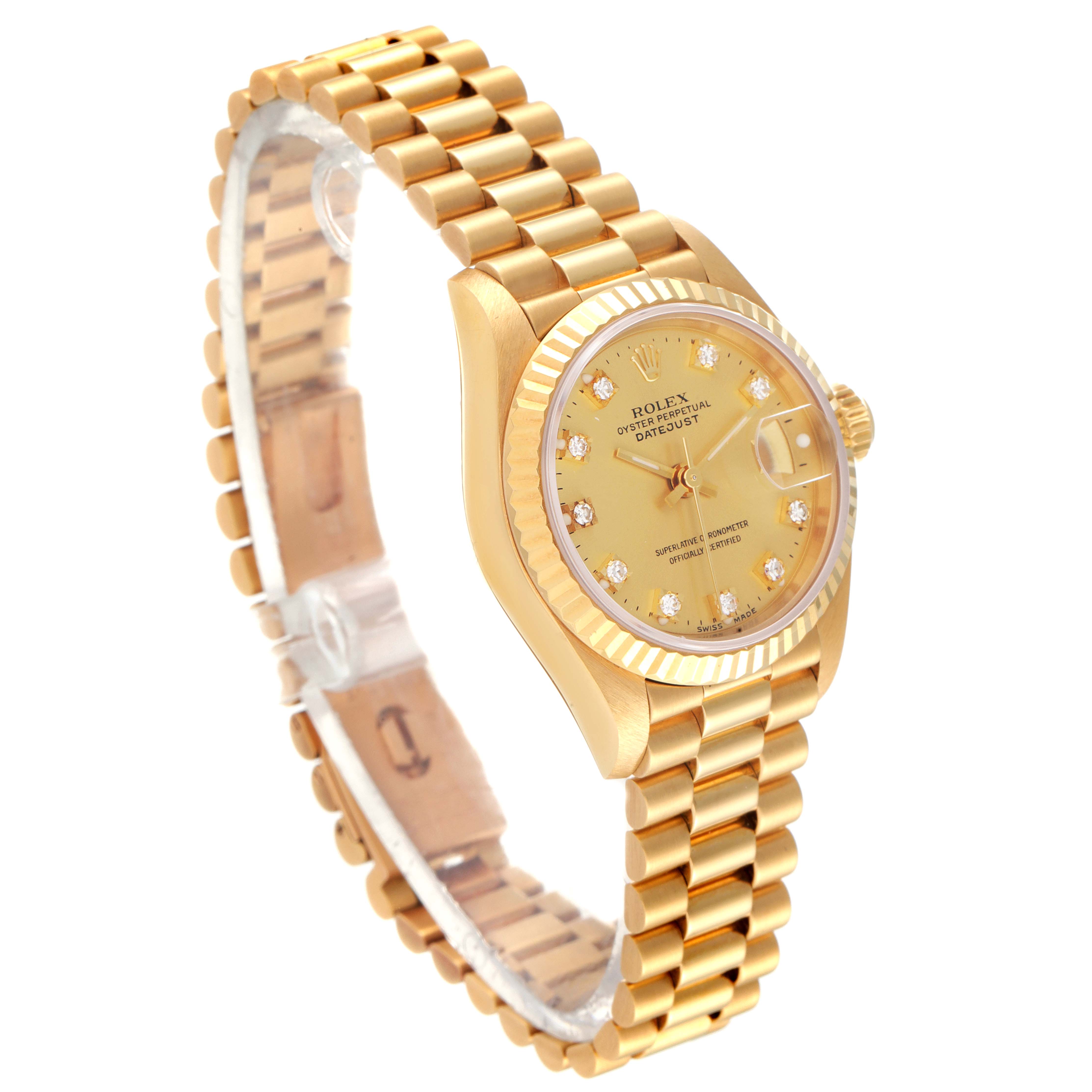 The image shows a Rolex Datejust 69178 Women's Yellow Gold Champagne Dial 69178 Women's Yellow Gold Champagne Dial wristwatch at a three-quarter angle, highlighting its gold bracelet, dial, and fluted bezel.