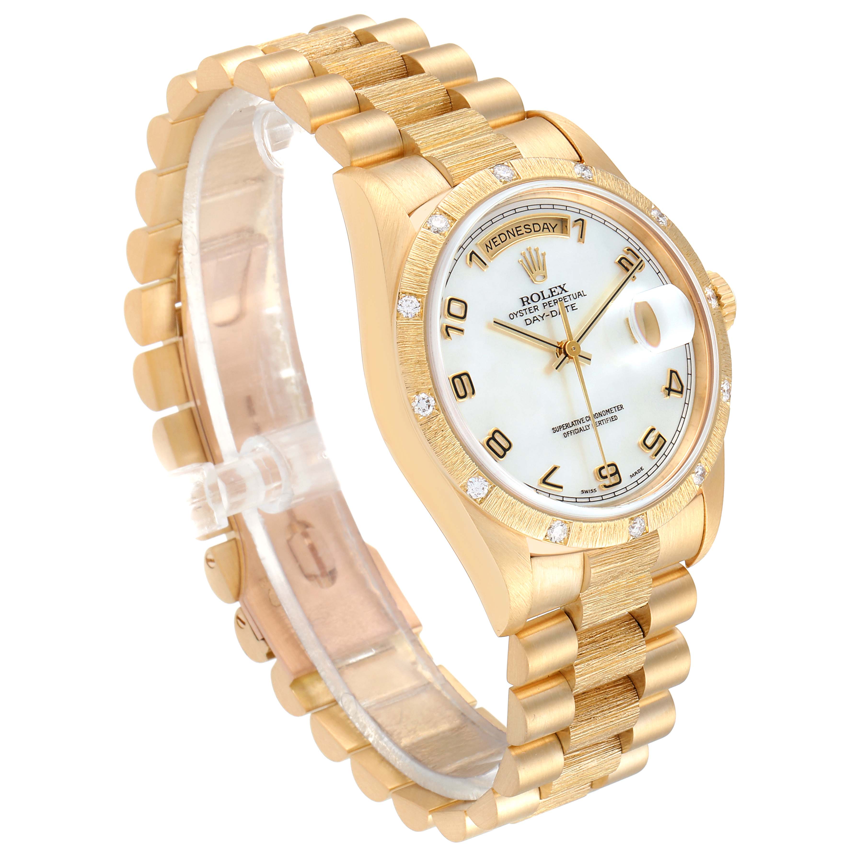 This is a Rolex President 18308 Men
s Yellow Gold Mother of Pearl Dial 18308 Men
s Yellow Gold Mother of Pearl Dial model watch shown at an angled view, highlighting the bracelet, dial, and bezel.