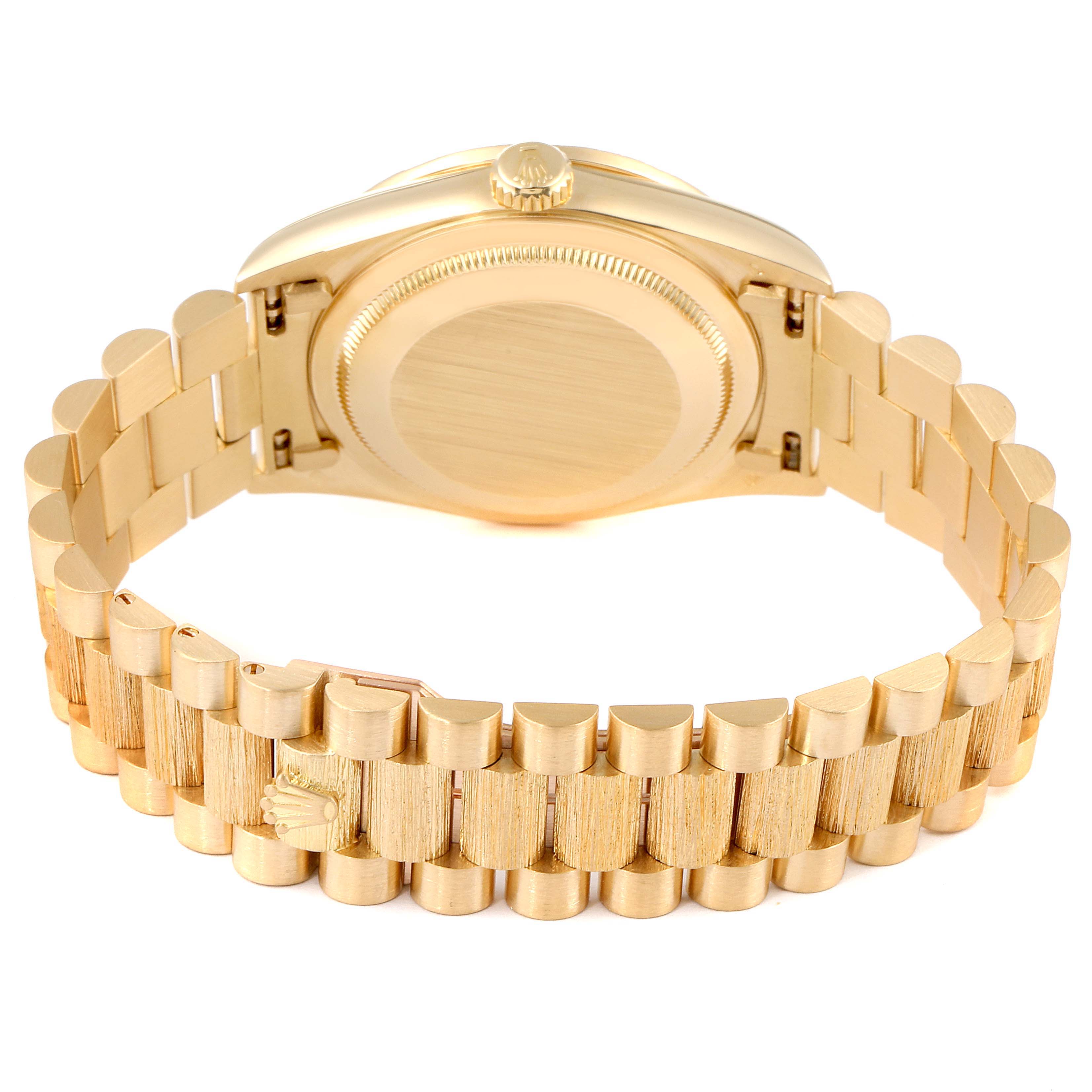 The image shows the back view of a Rolex President 18308 Men
s Yellow Gold Mother of Pearl Dial 18308 Men
s Yellow Gold Mother of Pearl Dial model watch, highlighting the case, case back, and bracelet.