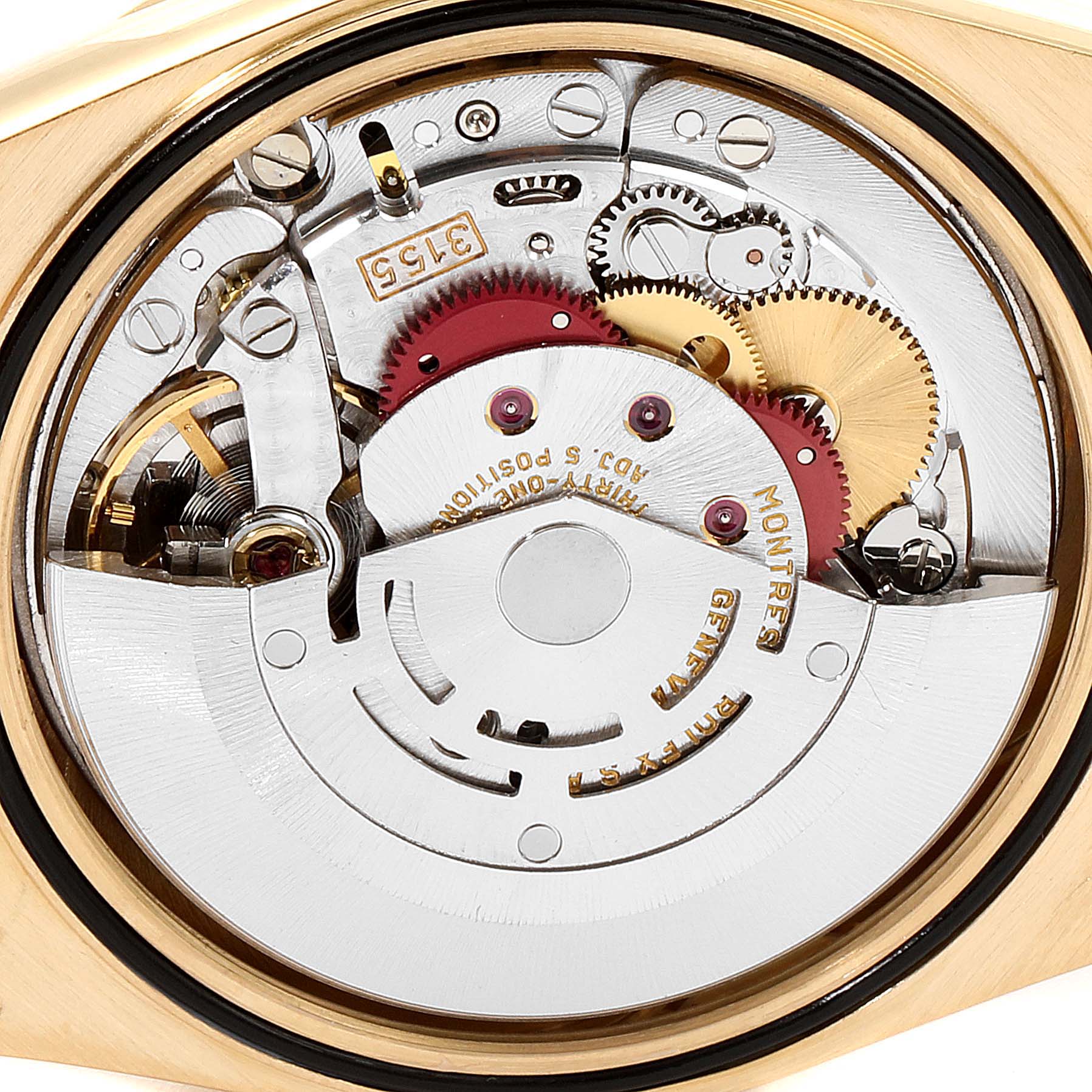 This close-up image shows the intricate internal mechanism of a Rolex President 18308 Men
s Yellow Gold Mother of Pearl Dial 18308 Men
s Yellow Gold Mother of Pearl Dial watch.