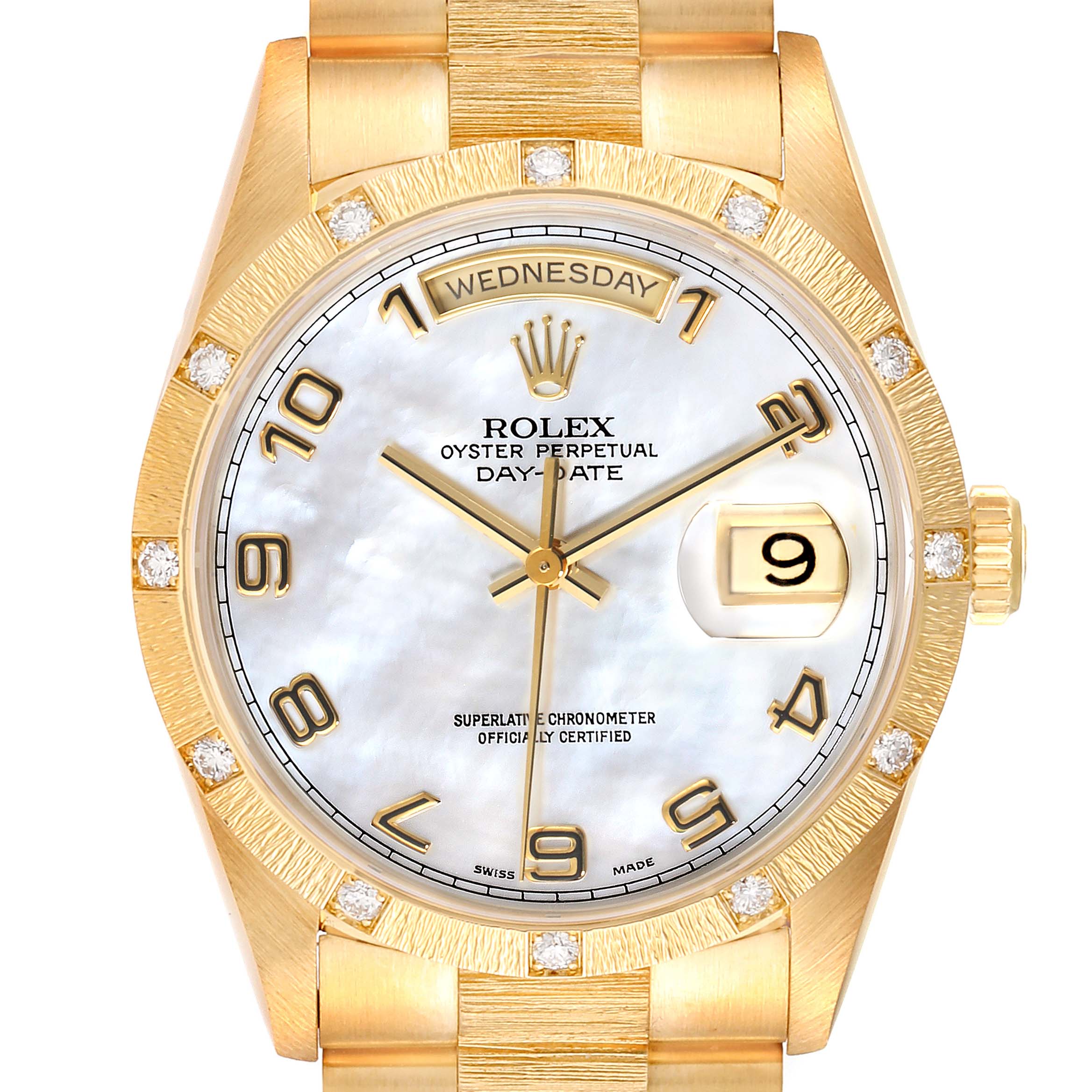 The image shows a frontal view of the Rolex President 18308 Men
s Yellow Gold Mother of Pearl Dial 18308 Men
s Yellow Gold Mother of Pearl Dial Day-Date watch, highlighting its gold bezel, dial with diamond hour markers, and bracelet.