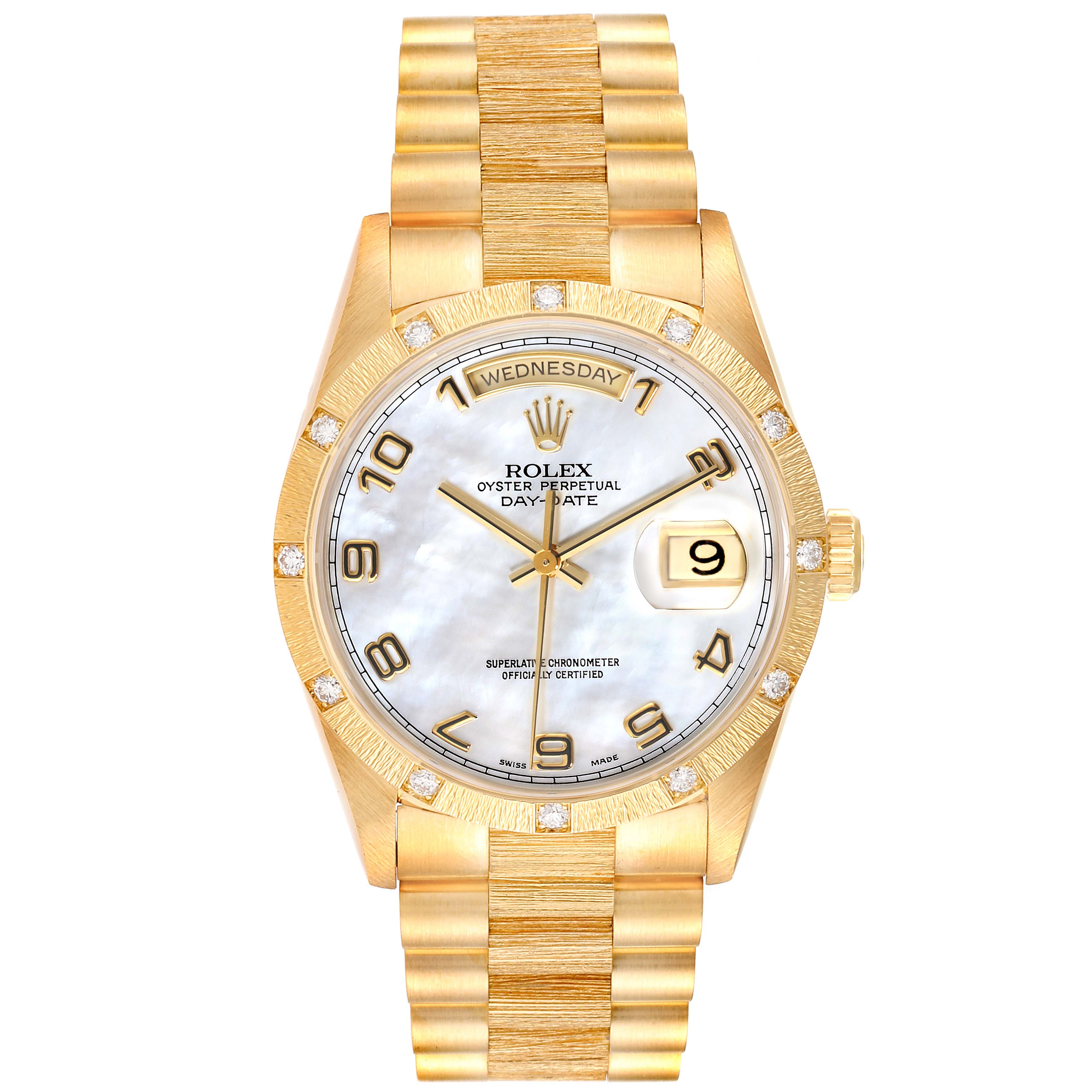 This image shows a front view of the Rolex President 18308 Men
s Yellow Gold Mother of Pearl Dial 18308 Men
s Yellow Gold Mother of Pearl Dial model watch, displaying its gold bracelet, face, hands, date, and day on the dial.