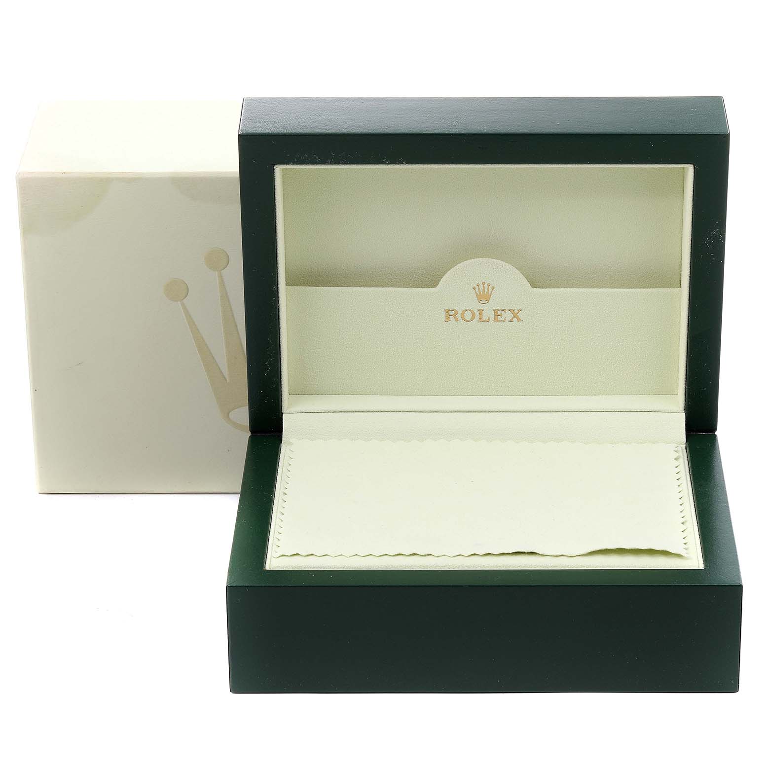 The image shows an opened green box for the Rolex President 18308 Men
s Yellow Gold Mother of Pearl Dial 18308 Men
s Yellow Gold Mother of Pearl Dial model watch, revealing its cream interior and logo.