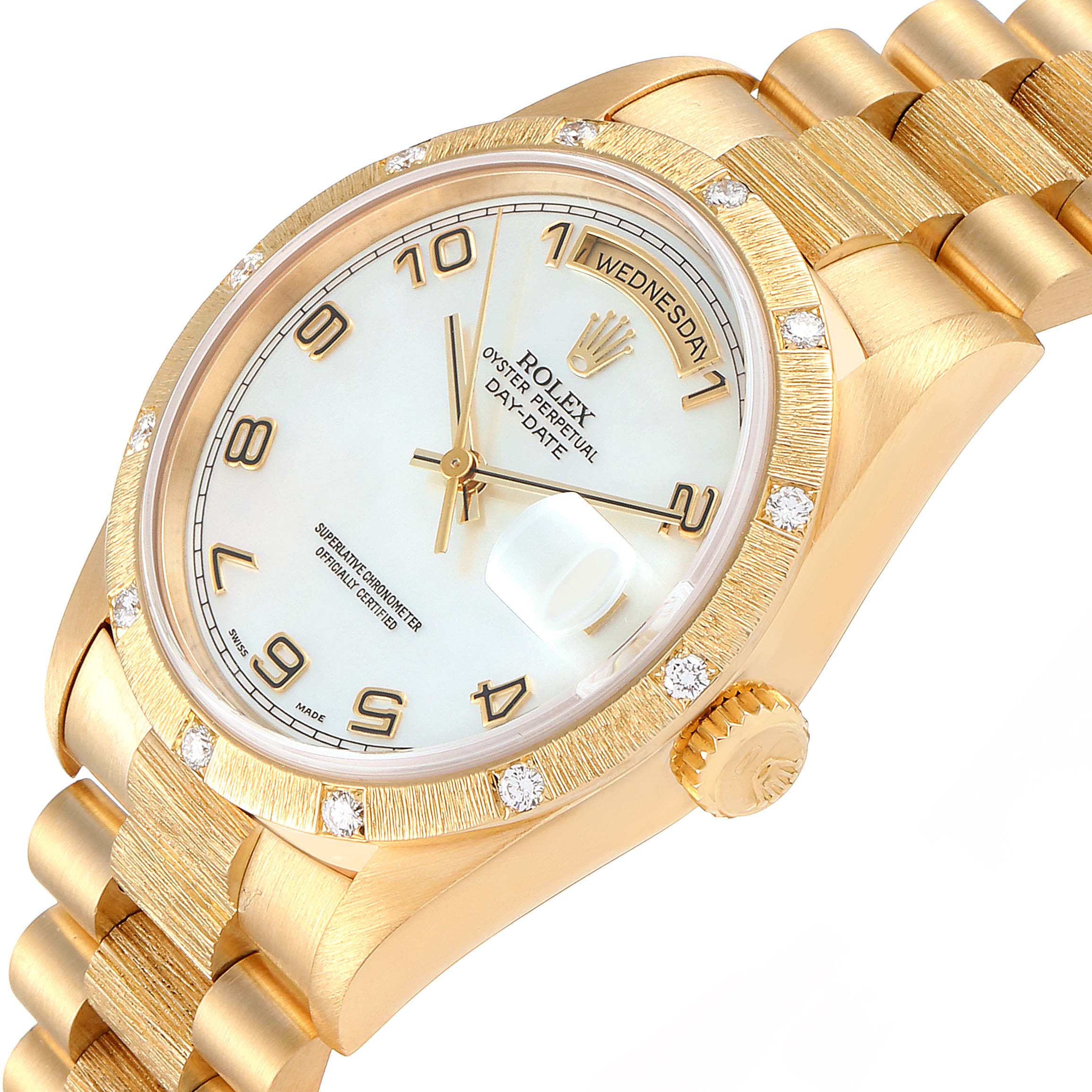 This image shows a close-up angle of the Rolex President 18308 Men
s Yellow Gold Mother of Pearl Dial 18308 Men
s Yellow Gold Mother of Pearl Dial Oyster Perpetual Day-Date watch, highlighting its face, bezel, and part of the bracelet.
