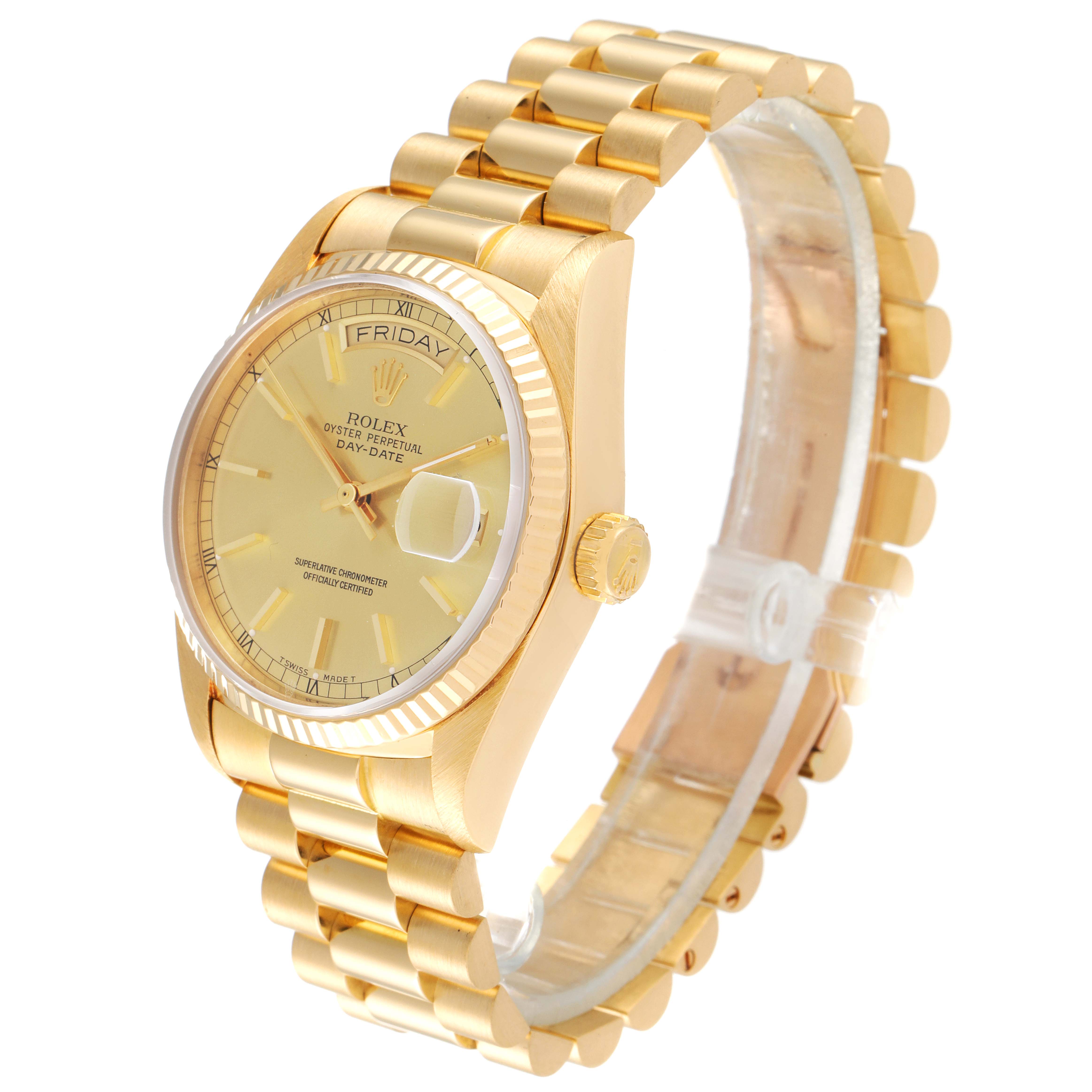 The Rolex President 18038 Men's Yellow Gold Champagne Dial 18038 Men's Yellow Gold Champagne Dial model watch is shown at a slight upper angle, highlighting the dial, bracelet, and crown.