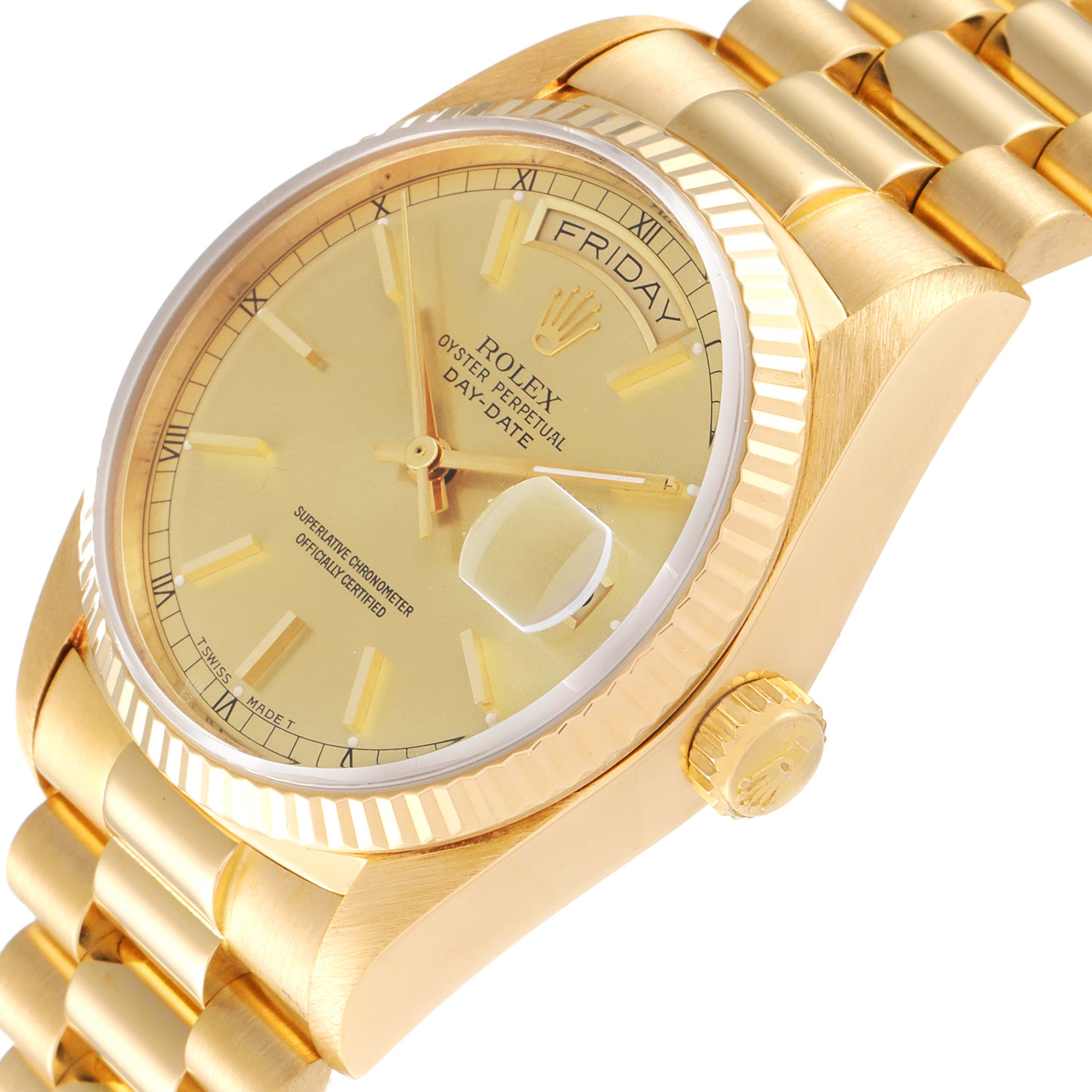 This image shows a side angle of a gold Rolex President 18038 Men's Yellow Gold Champagne Dial 18038 Men's Yellow Gold Champagne Dial model watch, highlighting its dial, bezel, crown, and bracelet.