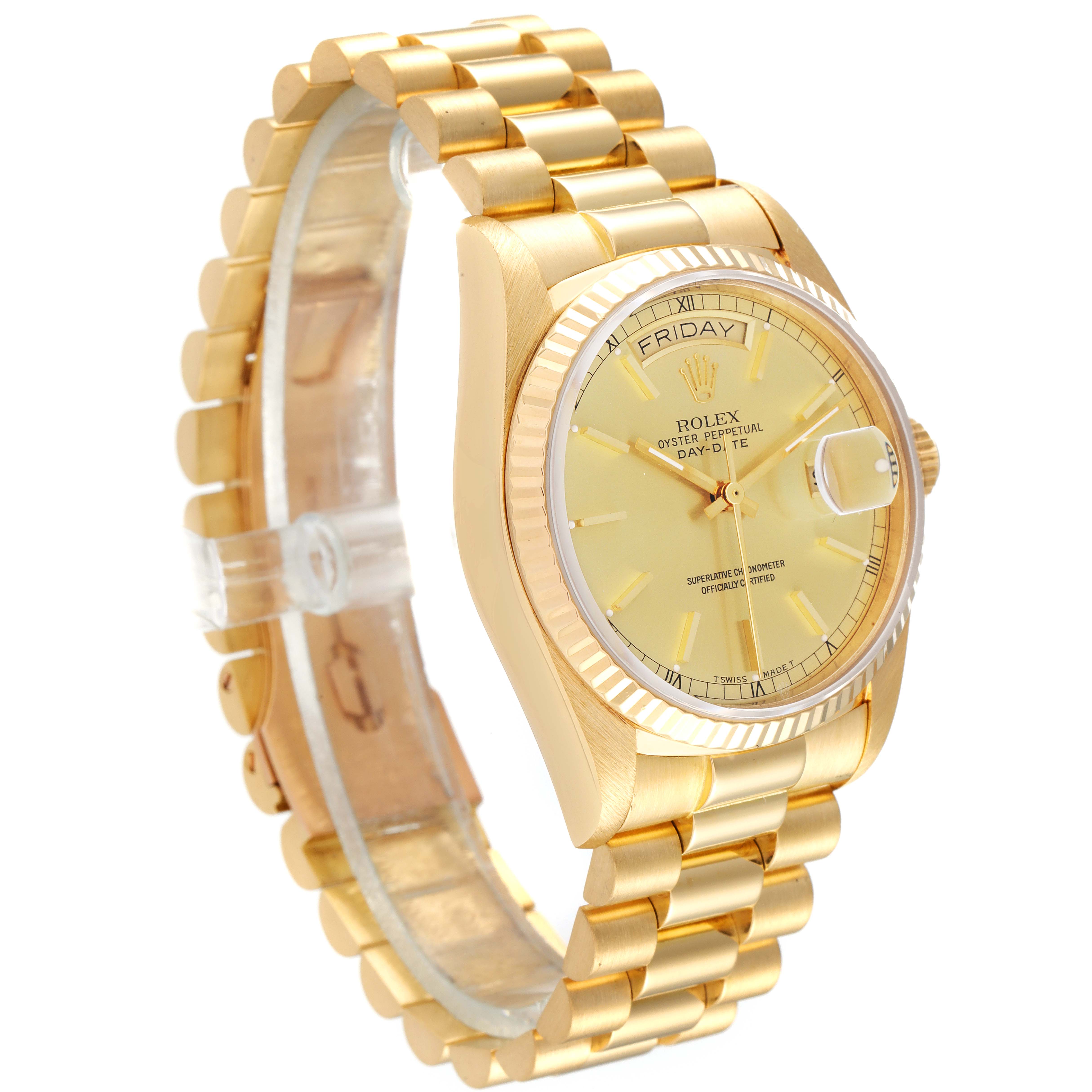 The image shows a side angled view of the Rolex President 18038 Men's Yellow Gold Champagne Dial 18038 Men's Yellow Gold Champagne Dial model watch, highlighting its bracelet, bezel, dial, and day-date display.