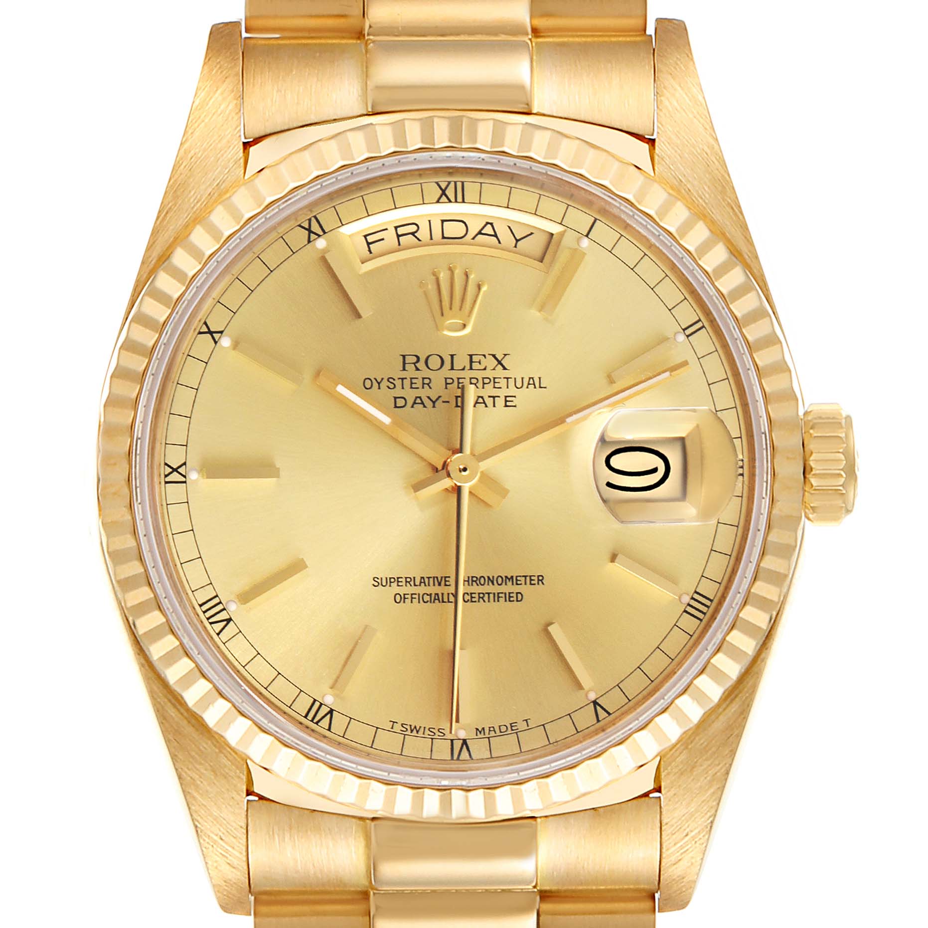 This image shows a Rolex President 18038 Men's Yellow Gold Champagne Dial 18038 Men's Yellow Gold Champagne Dial Model watch from a top-down angle, highlighting its gold face, day-date display, and bracelet.