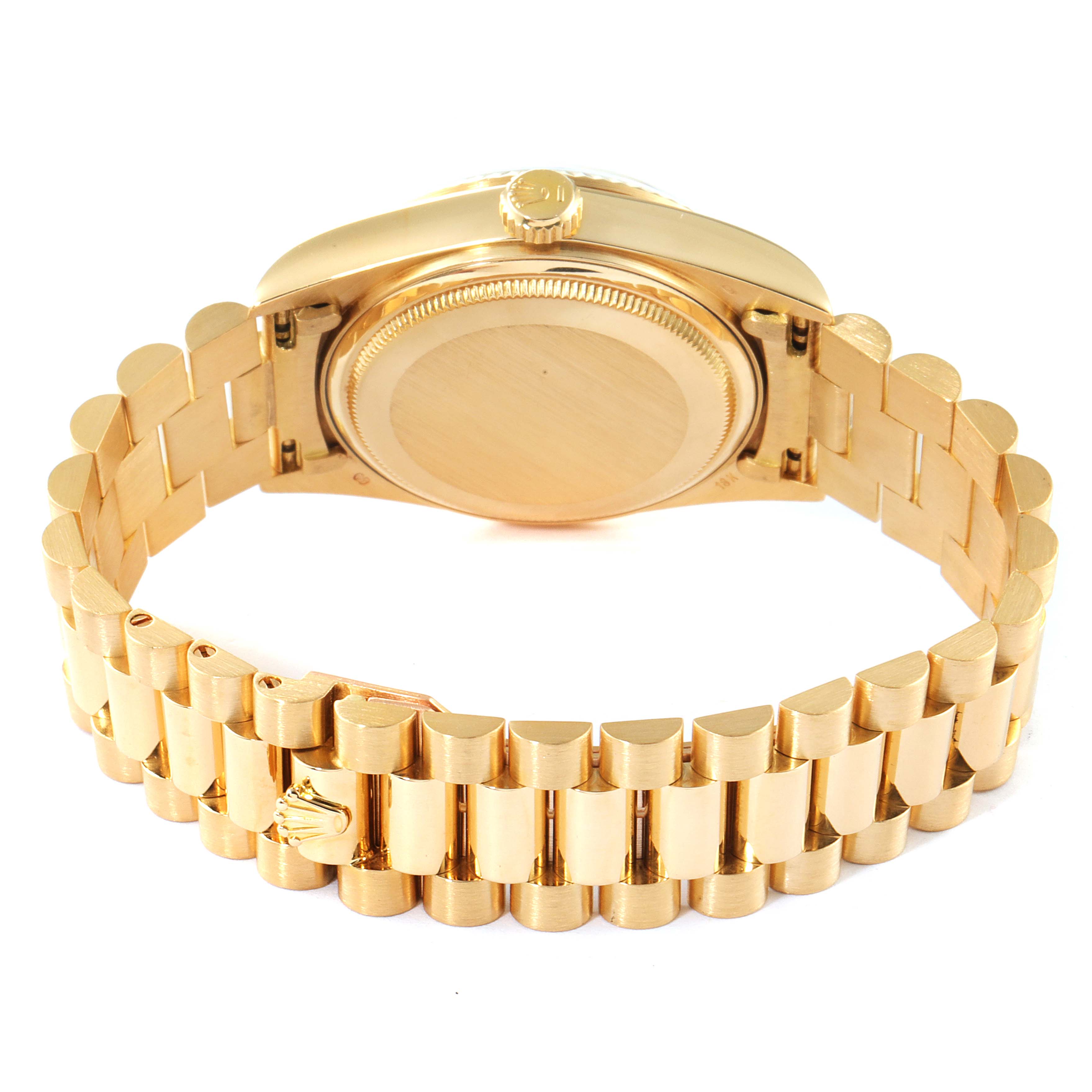 The image shows the backside and bracelet of a Rolex President 18038 Men's Yellow Gold Champagne Dial 18038 Men's Yellow Gold Champagne Dial model watch laid flat.