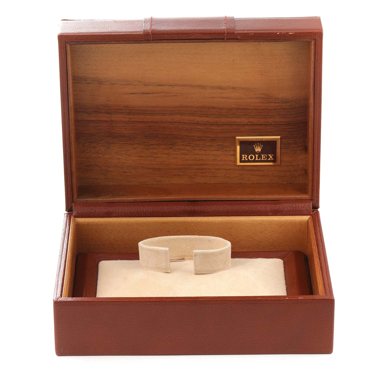 This image shows an open Rolex President 18038 Men's Yellow Gold Champagne Dial 18038 Men's Yellow Gold Champagne Dial model watch box, displaying the interior cushion from a front angle.