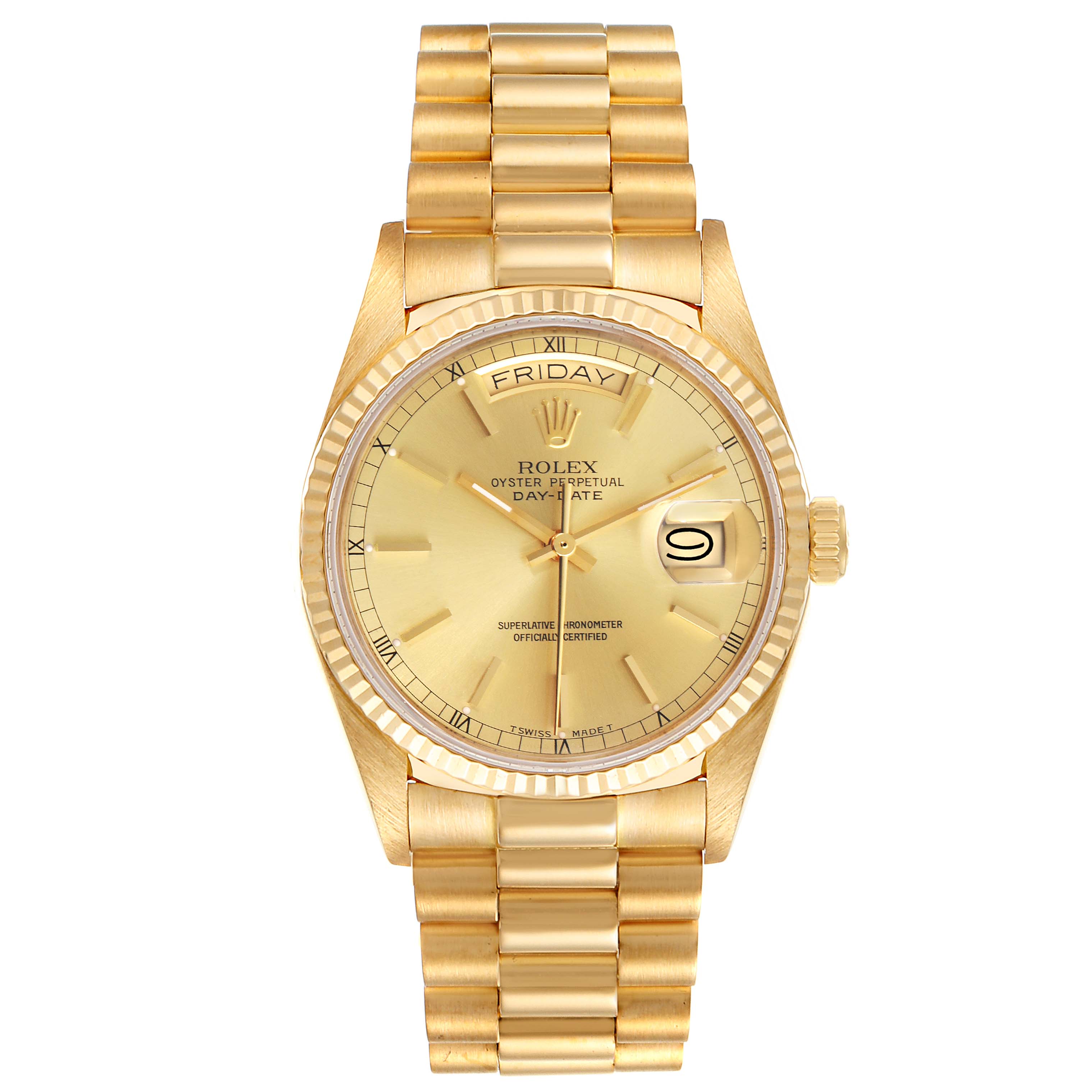 The image shows a frontal view of a Rolex President 18038 Men's Yellow Gold Champagne Dial 18038 Men's Yellow Gold Champagne Dial model watch, highlighting its gold bracelet, dial, and day-date display.