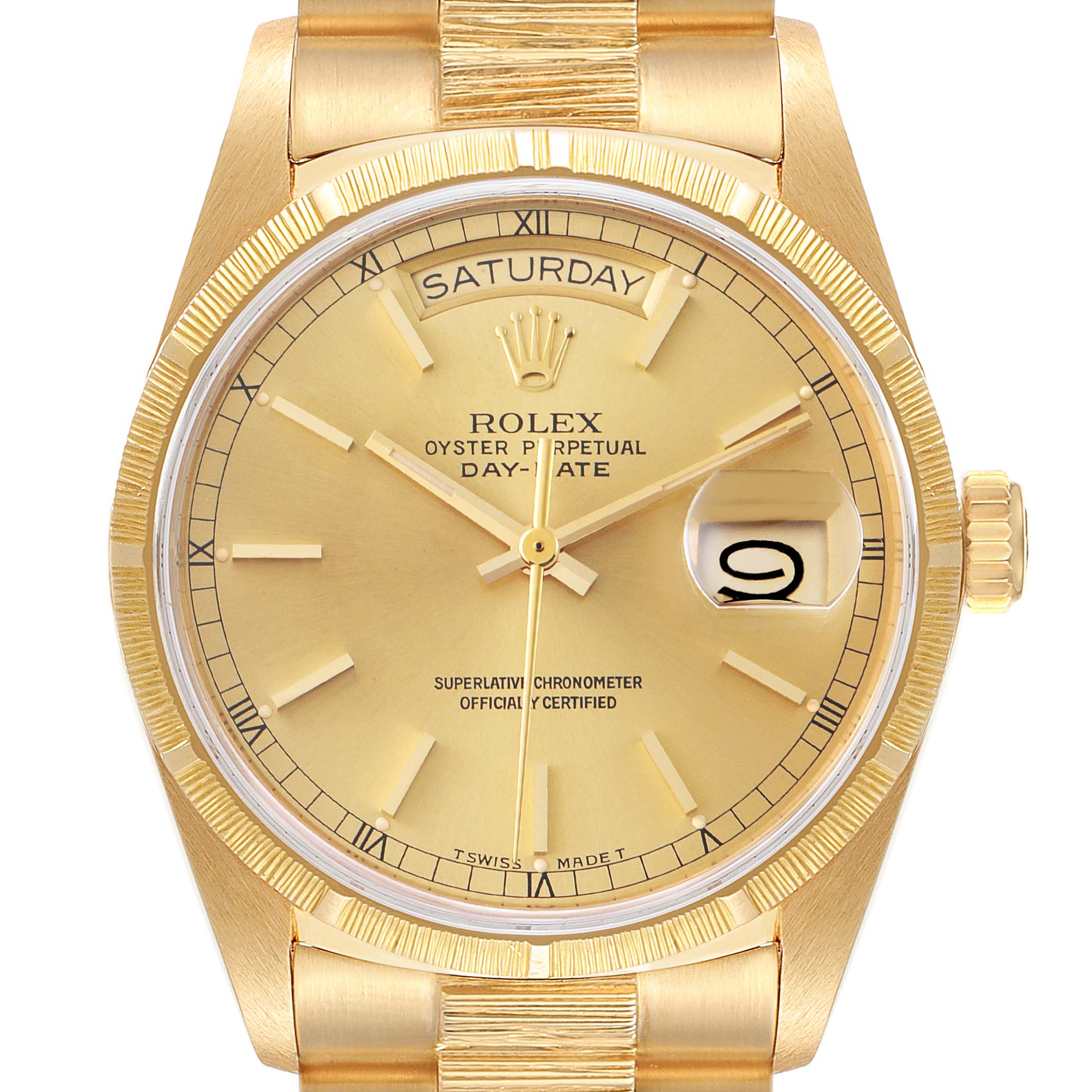This is a front view of a Rolex President 18078 Men's Yellow Gold Champagne Dial 18078 Men's Yellow Gold Champagne Dial model watch, showing its gold dial, day-date function, and gold bracelet.