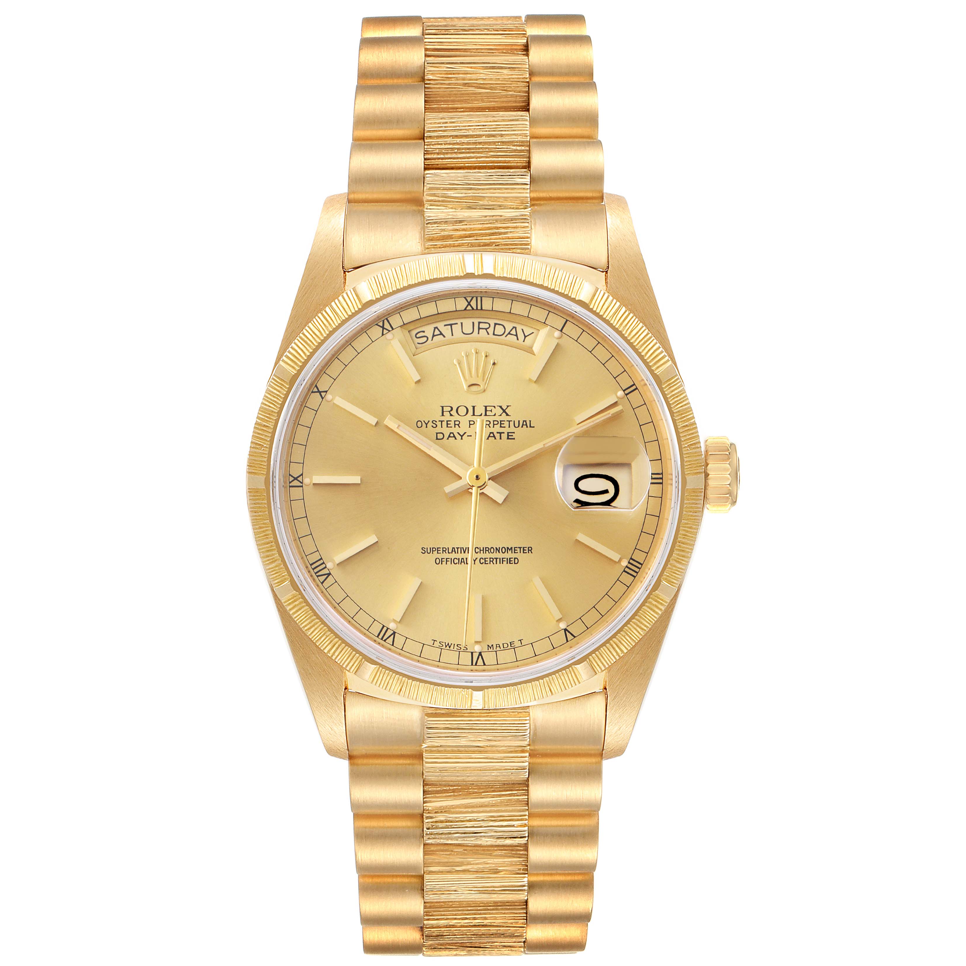 This Rolex President 18078 Men's Yellow Gold Champagne Dial 18078 Men's Yellow Gold Champagne Dial model watch is shown from a frontal angle, displaying the entire face and bracelet.