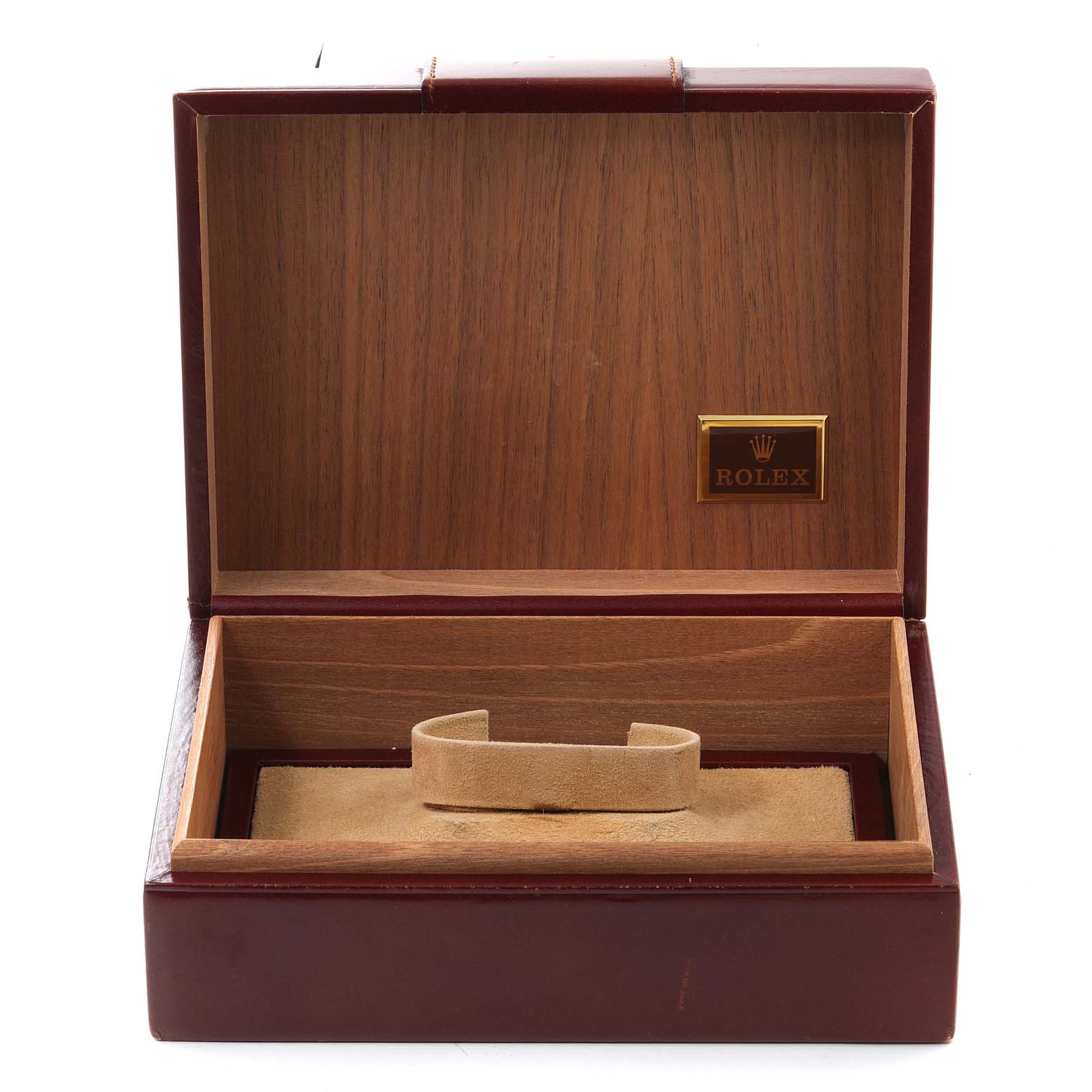 The image shows an opened wooden Rolex watch box for the President model, displaying its interior compartments.
