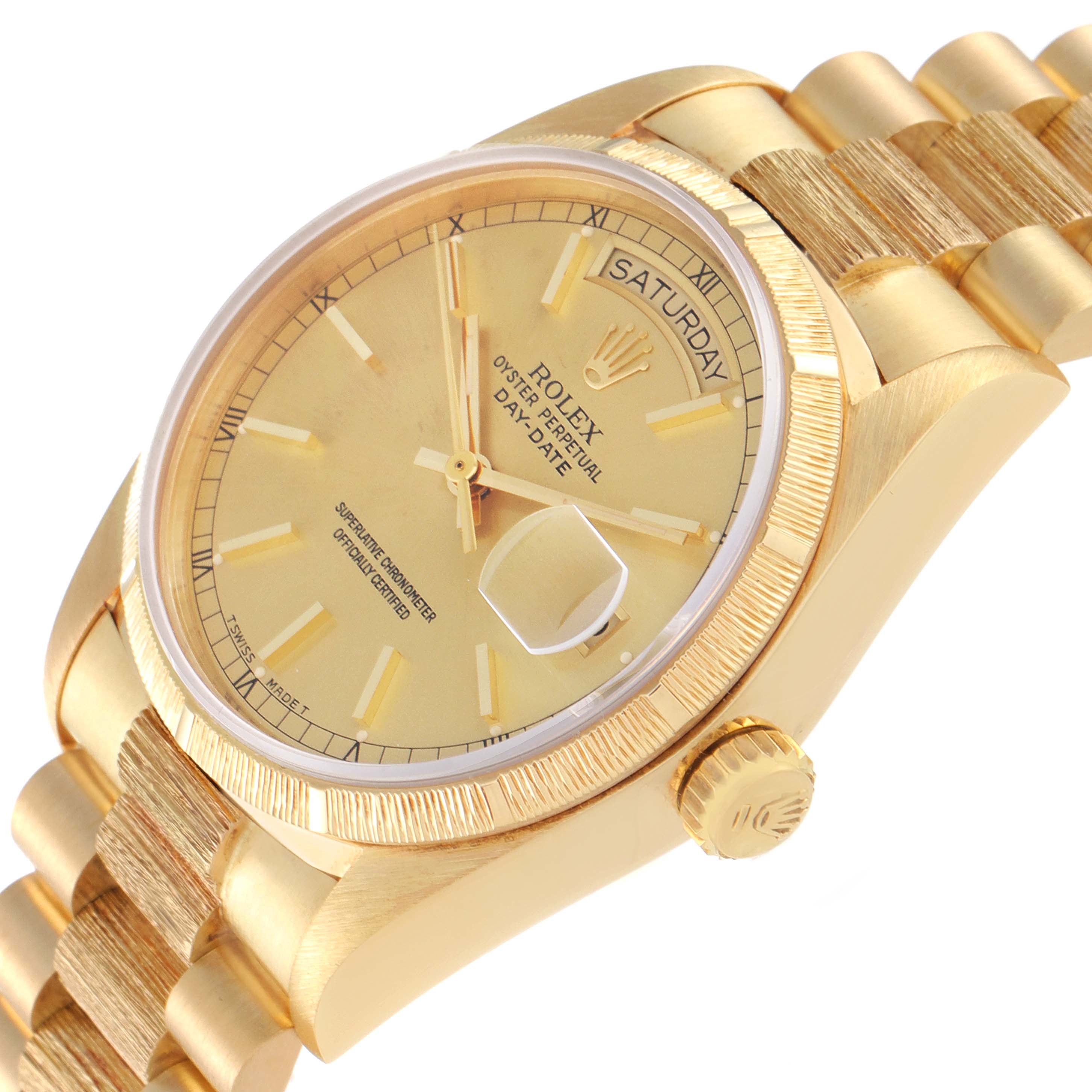 The Rolex President 18078 Men's Yellow Gold Champagne Dial 18078 Men's Yellow Gold Champagne Dial model is shown at an angle displaying the face, bezel, crown, and part of the bracelet.