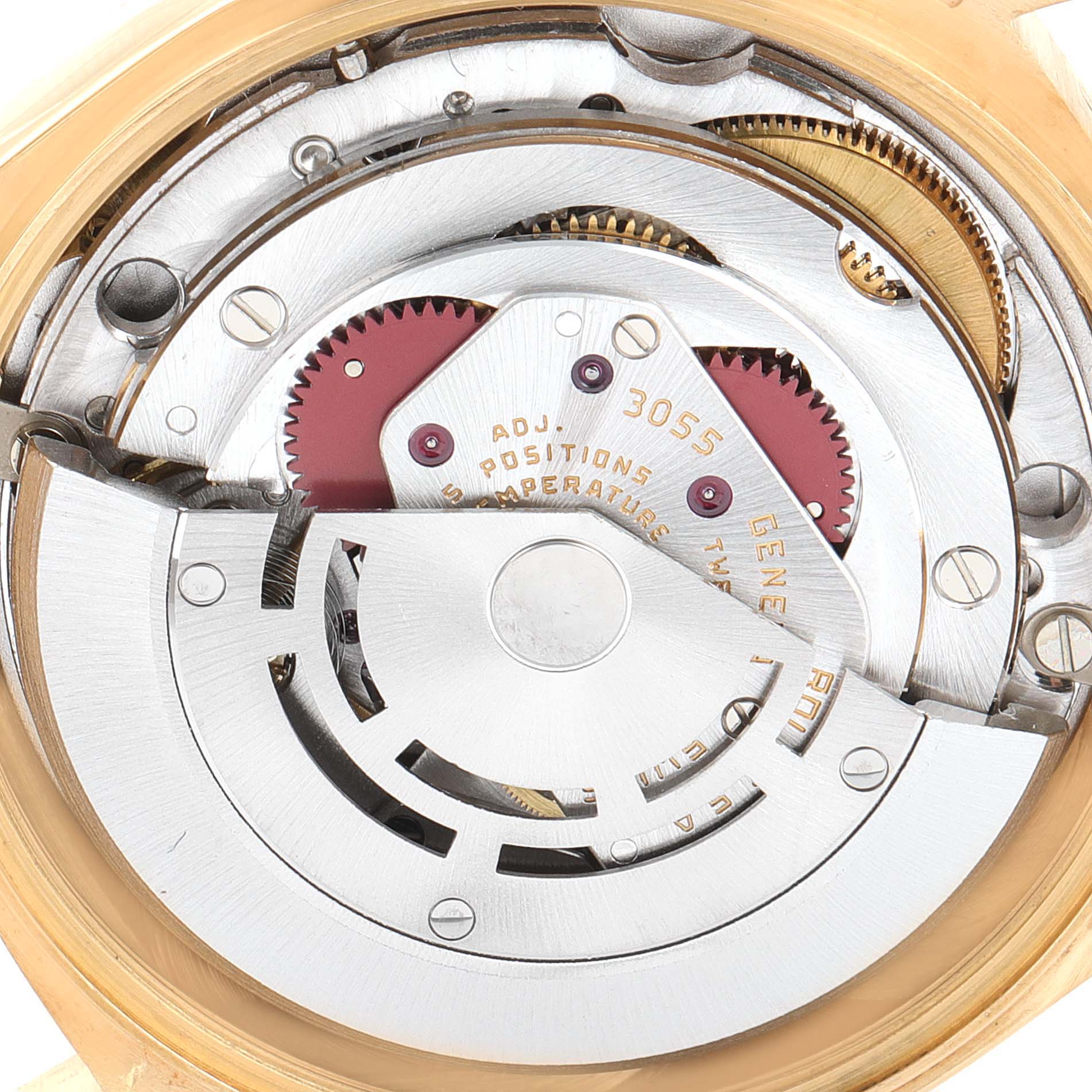The image shows the internal movement mechanism of the Rolex President 18078 Men's Yellow Gold Champagne Dial 18078 Men's Yellow Gold Champagne Dial model watch from a close-up angle.