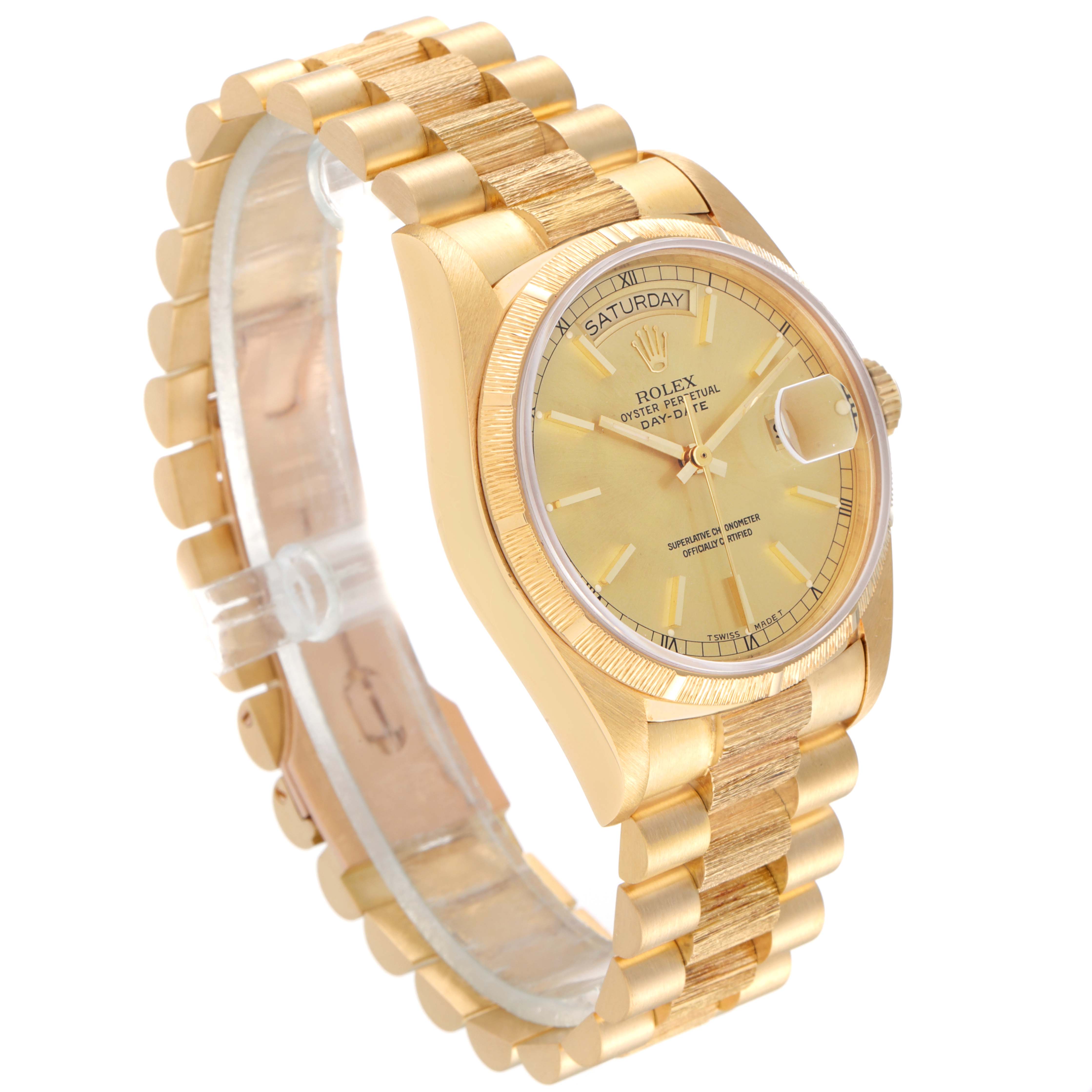 The image shows a gold Rolex President 18078 Men's Yellow Gold Champagne Dial 18078 Men's Yellow Gold Champagne Dial model watch from a three-quarter angle, highlighting its face, bezel, and gold bracelet.