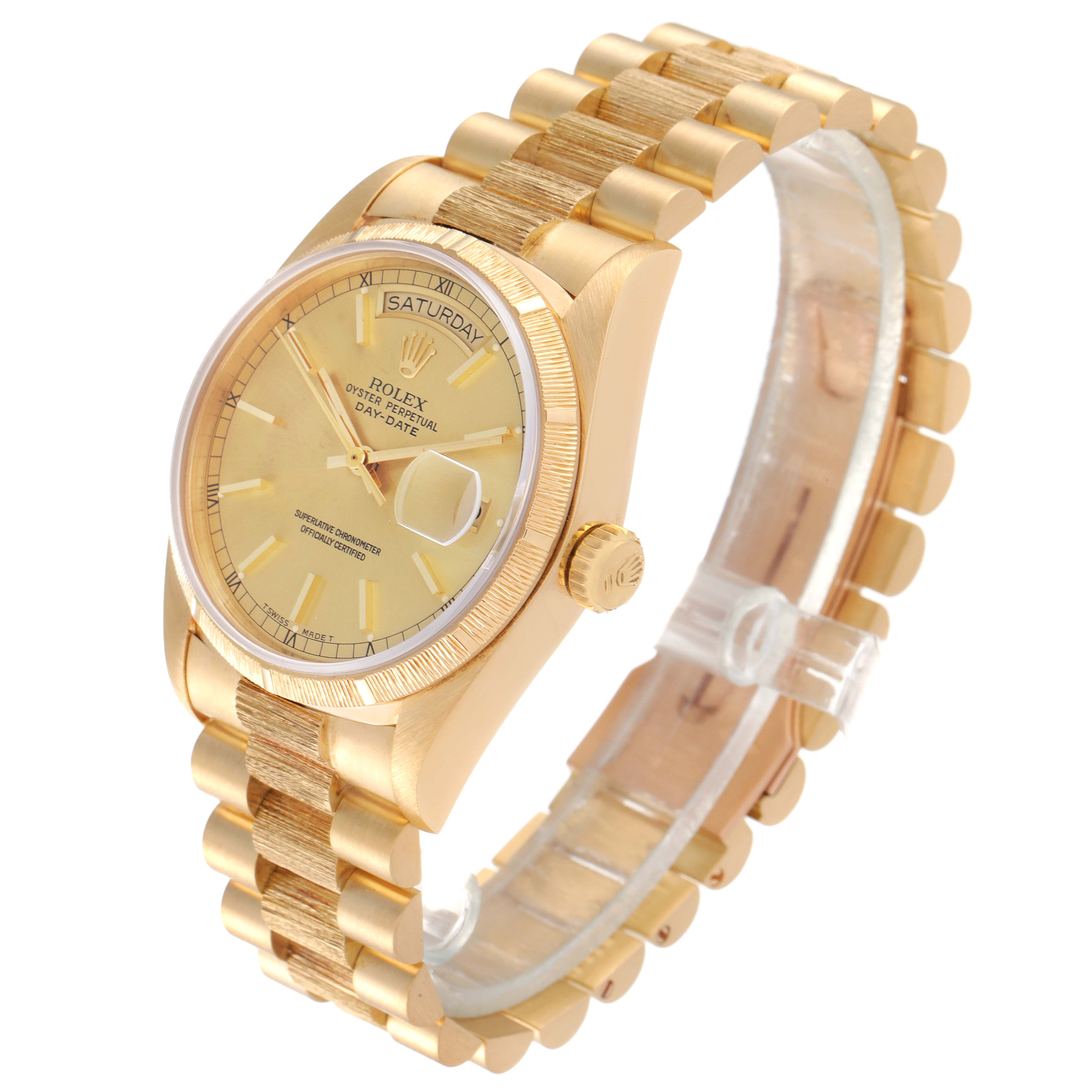 This image shows a Rolex President 18078 Men's Yellow Gold Champagne Dial 18078 Men's Yellow Gold Champagne Dial model watch at an angle highlighting the watch face, bezel, crown, and bracelet.