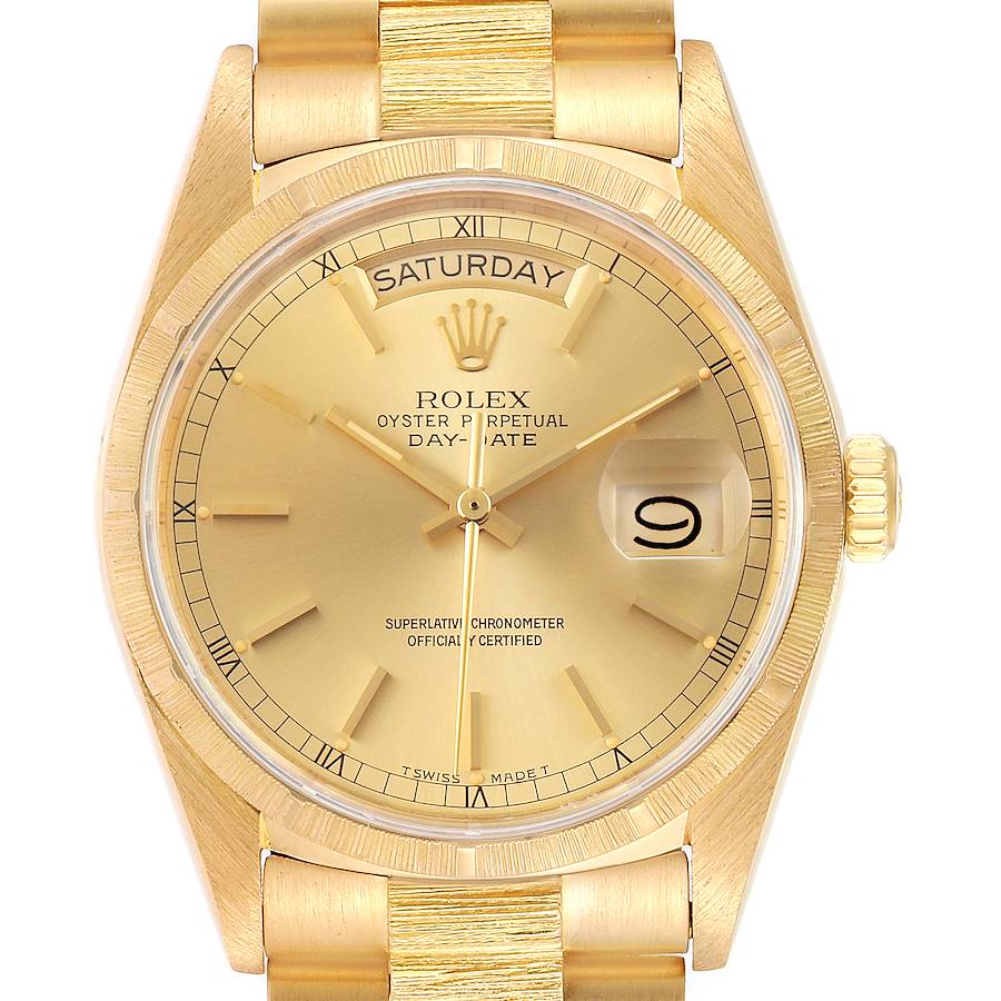 Rolex President Day-Date Yellow Gold Bark Finish Mens Watch 18078 Papers SwissWatchExpo