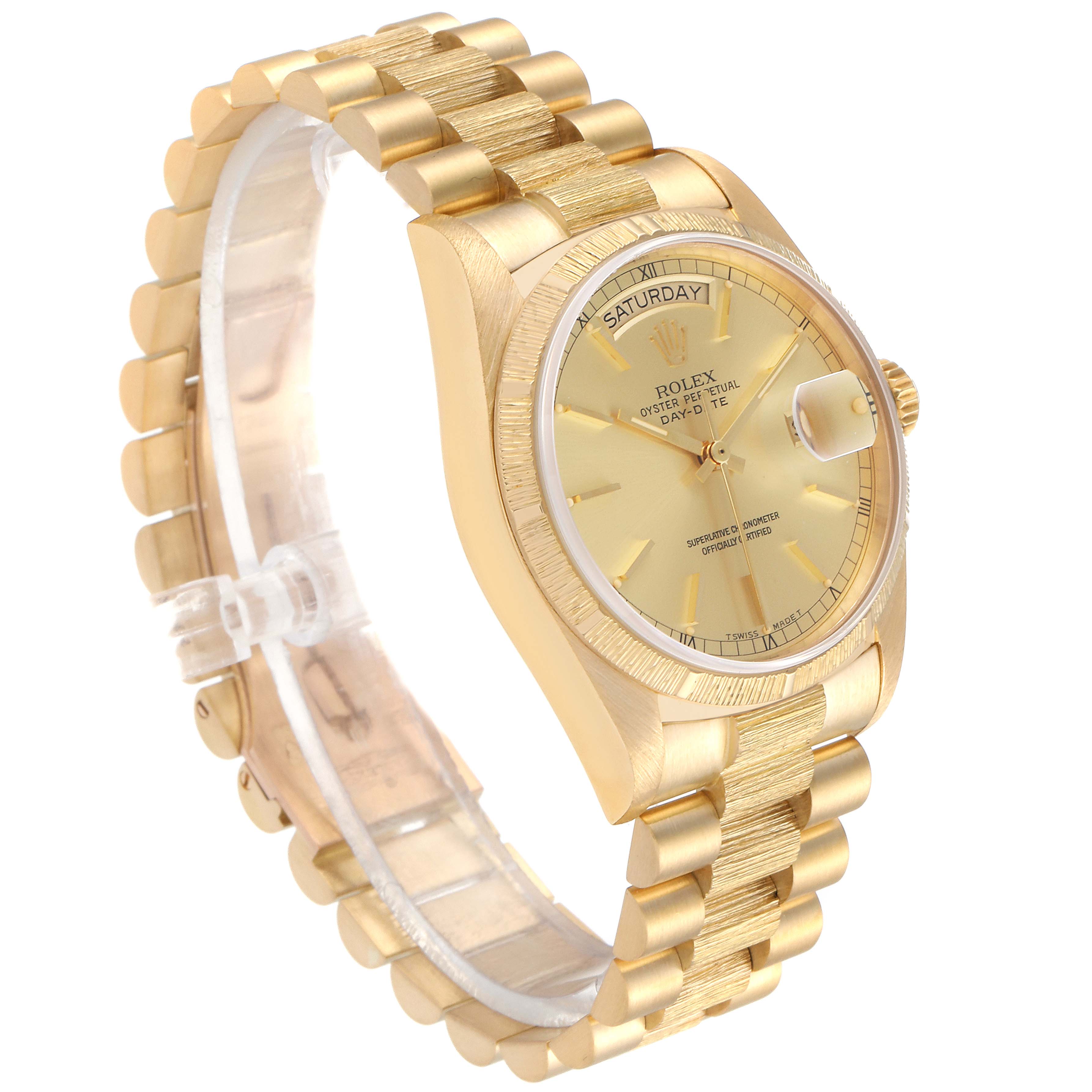 This image shows a side angle view of the Rolex President 18078 Men
s Yellow Gold Champagne Dial 18078 Men
s Yellow Gold Champagne Dial model watch, highlighting the band, bezel, dial, and crown.