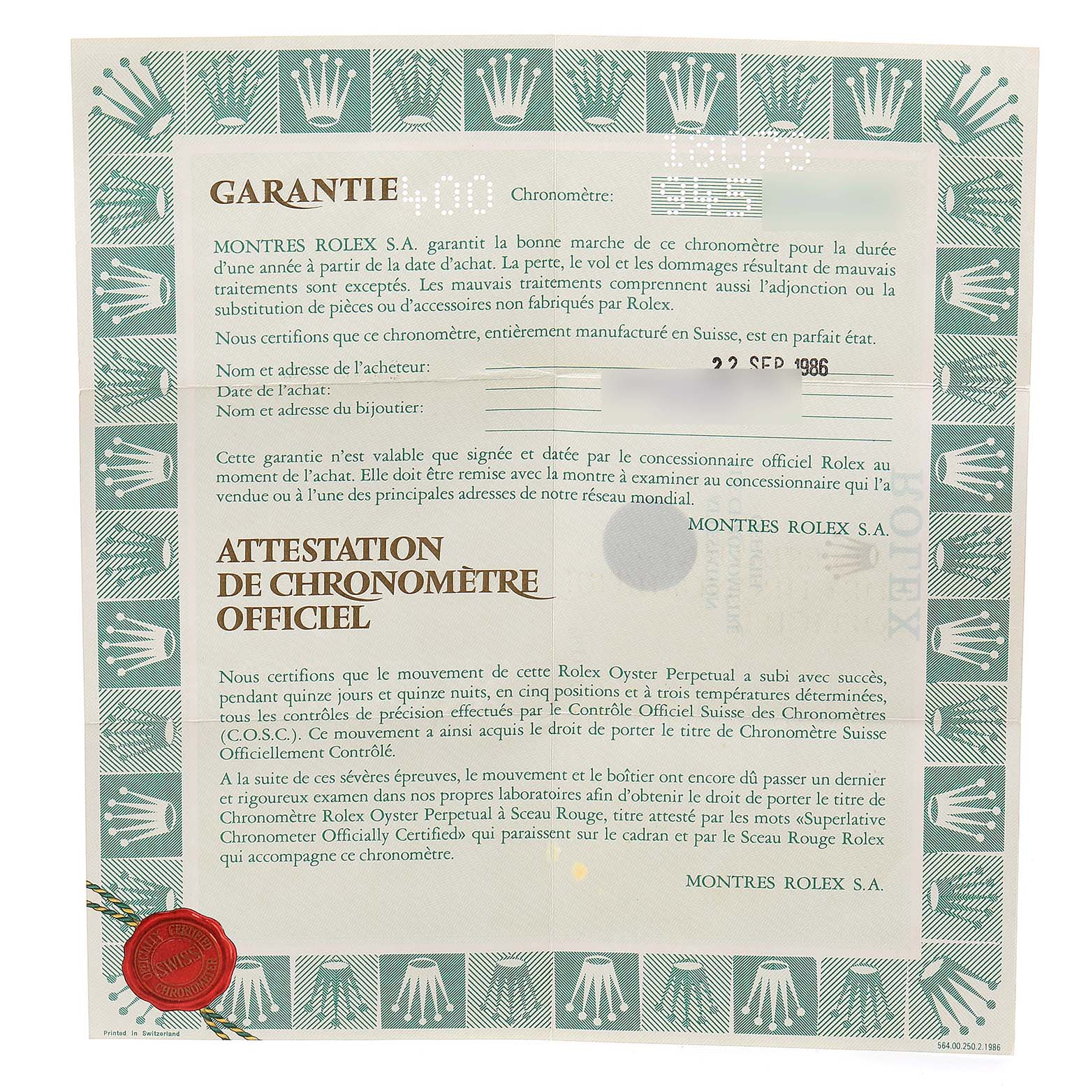 The image shows a warranty certificate for a Rolex President 18078 Men
s Yellow Gold Champagne Dial 18078 Men
s Yellow Gold Champagne Dial model watch.