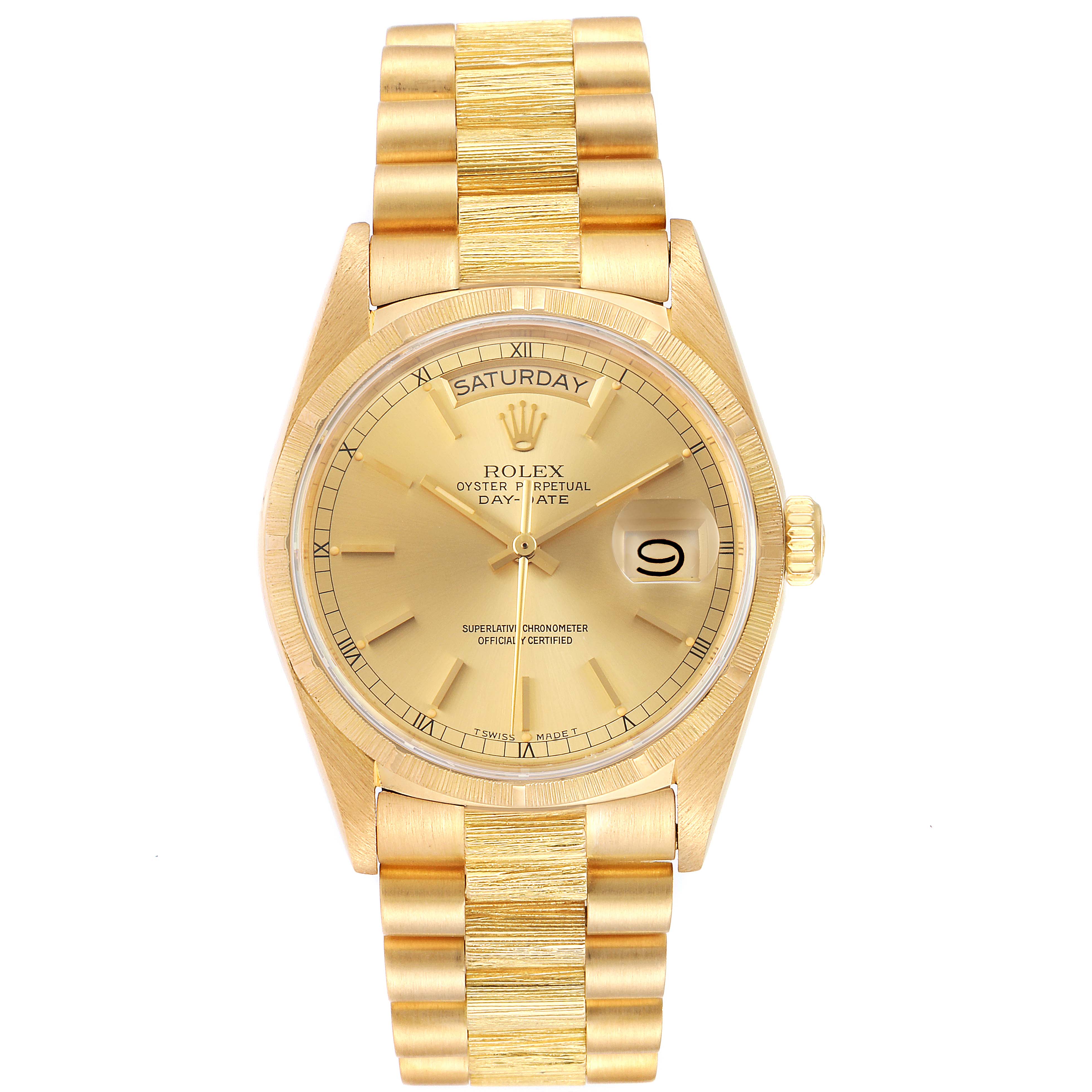 This image shows a frontal view of a Rolex President 18078 Men
s Yellow Gold Champagne Dial 18078 Men
s Yellow Gold Champagne Dial model watch, displaying the dial, bezel, case, and bracelet clearly.