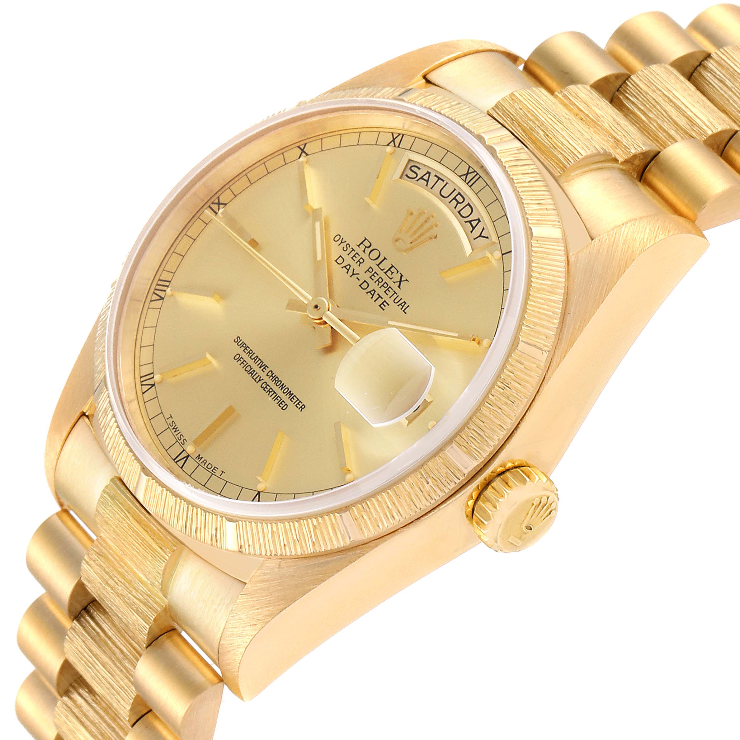 The image shows a close-up angled view of a Rolex President 18078 Men
s Yellow Gold Champagne Dial 18078 Men
s Yellow Gold Champagne Dial model, highlighting its golden bezel, dial, and bracelet.