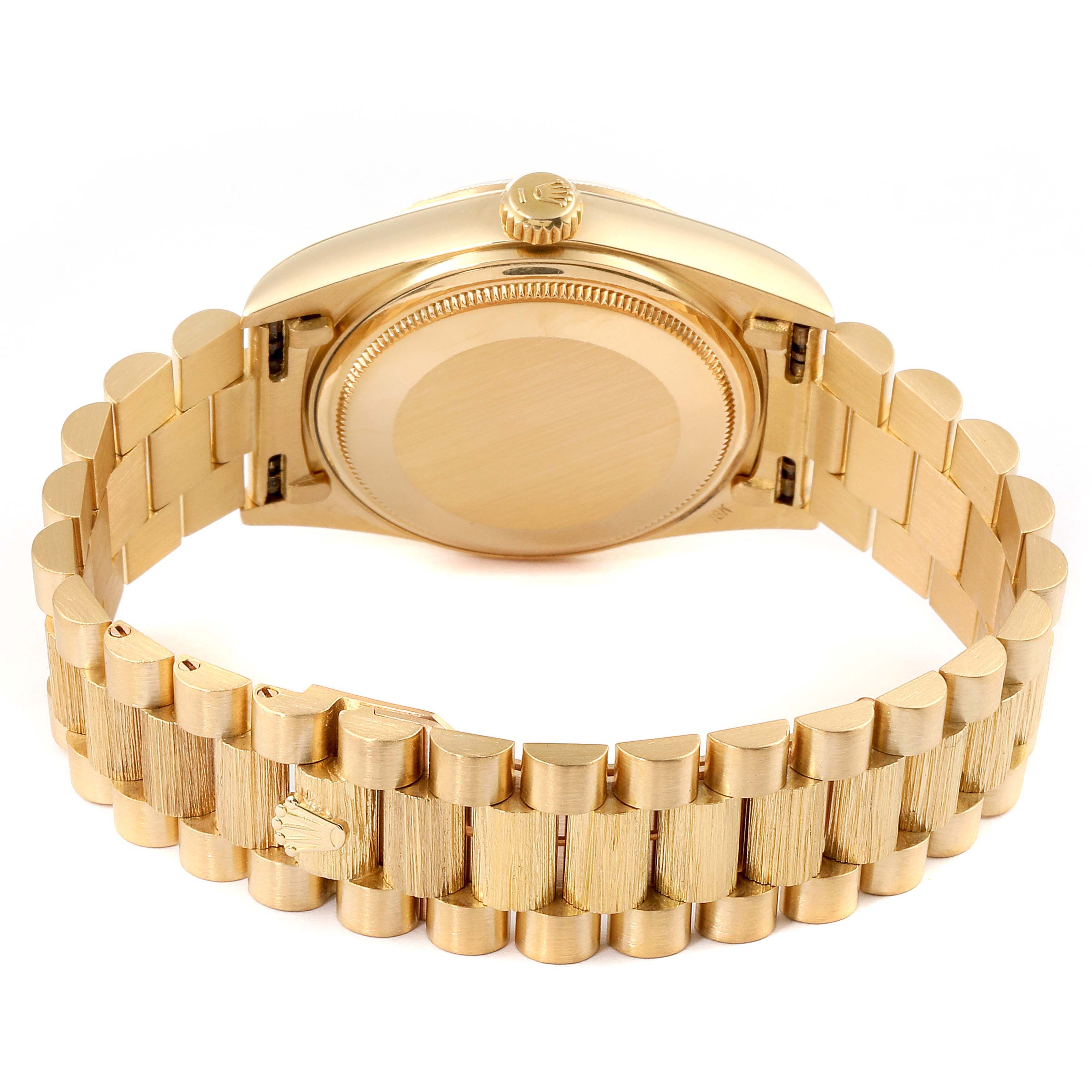 This image shows the back view of a Rolex President 18078 Men
s Yellow Gold Champagne Dial 18078 Men
s Yellow Gold Champagne Dial model watch, focusing on the bracelet and case back.