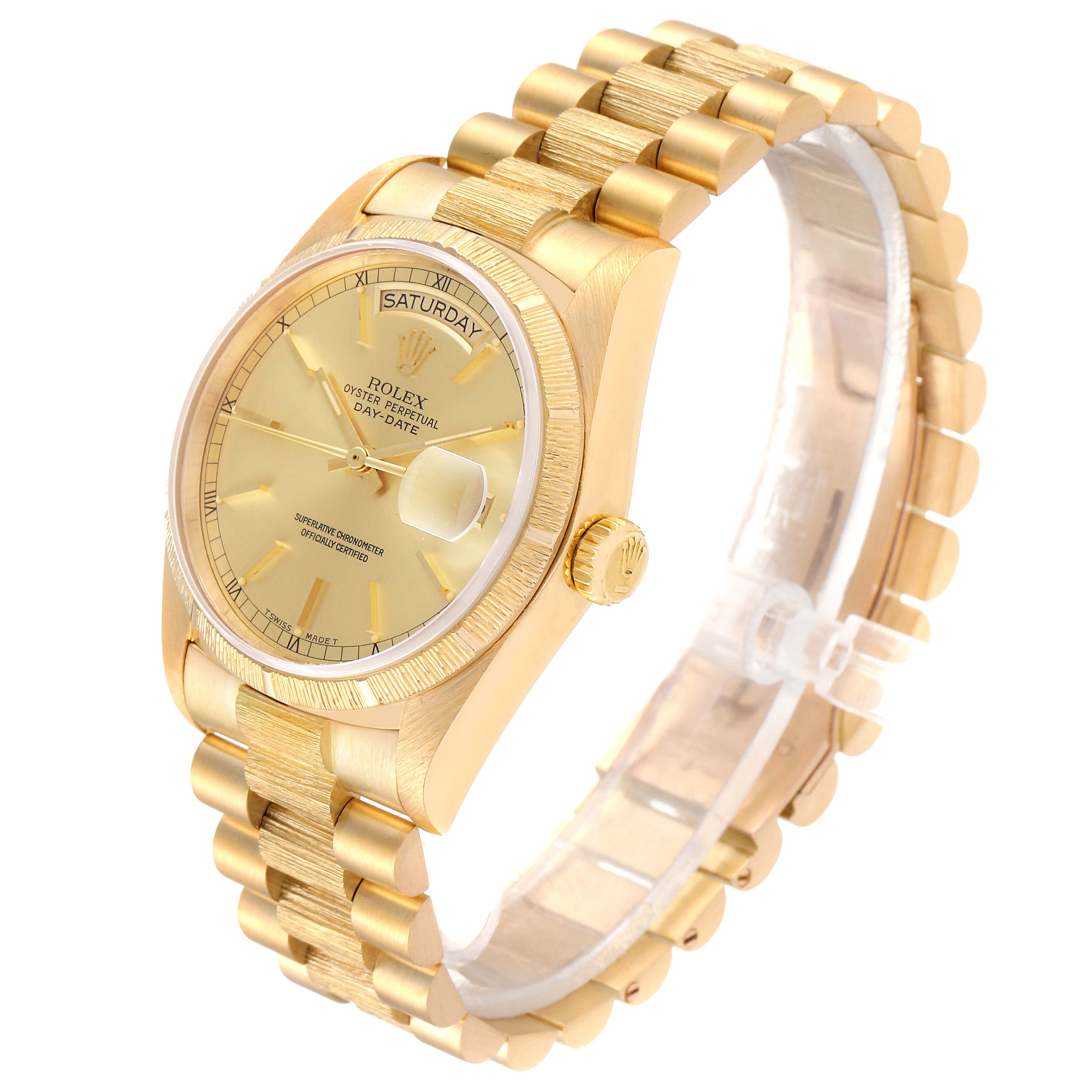 The Rolex President 18078 Men
s Yellow Gold Champagne Dial 18078 Men
s Yellow Gold Champagne Dial model watch is shown at a three-quarter angle, featuring the dial, bezel, crown, and bracelet.