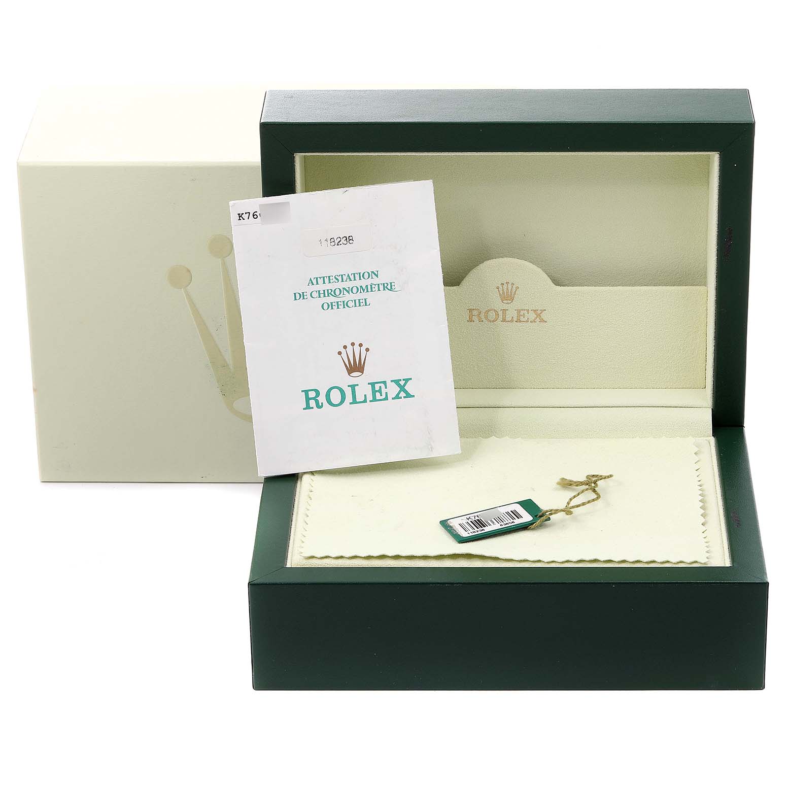 The image shows a Rolex President 118238 Men
s Yellow Gold Champagne Dial 118238 Men
s Yellow Gold Champagne Dial watch box, papers, and tags from a top-front angle, without the watch.