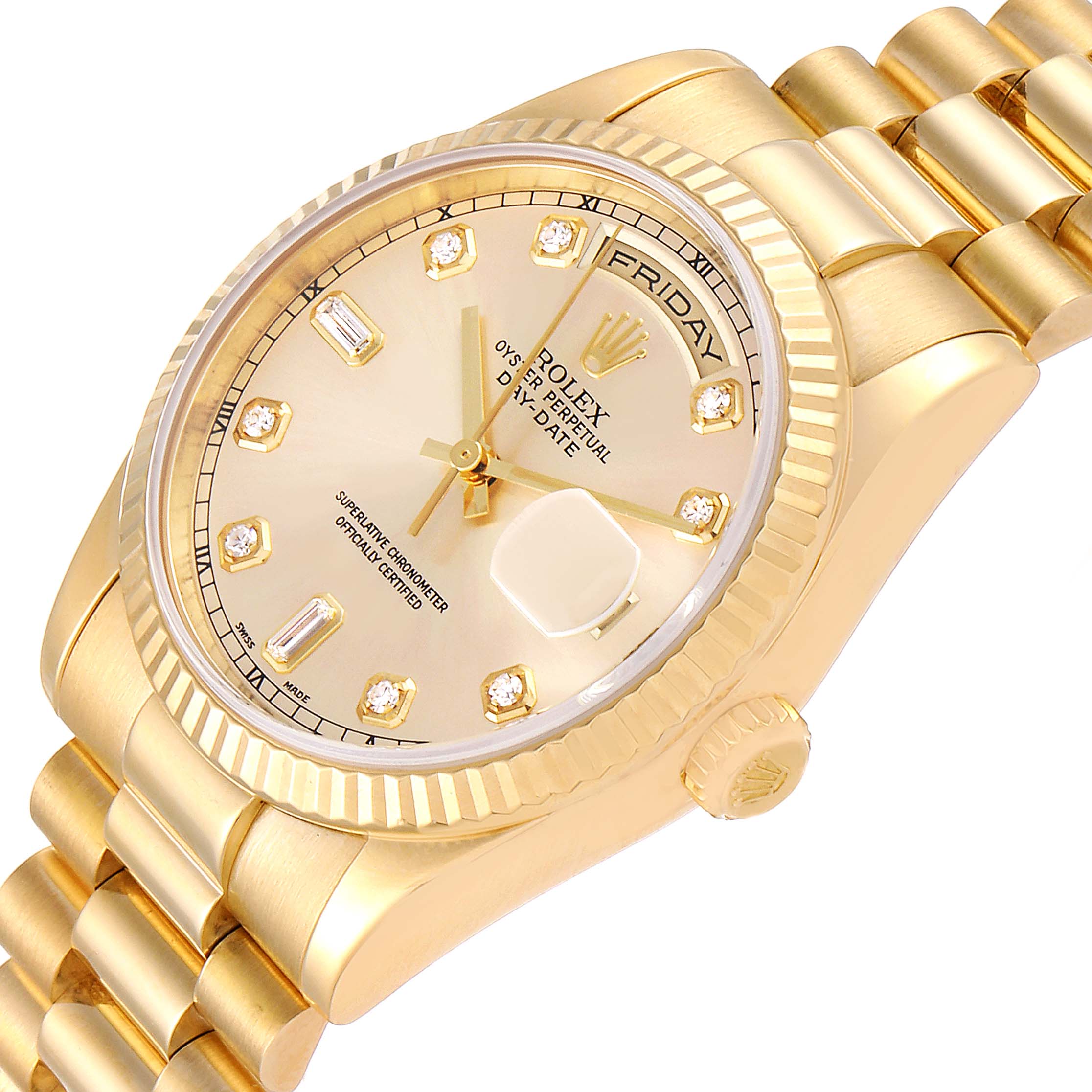 The image shows a President model Rolex watch at a slight angle, highlighting its gold case, diamond markers, bracelet, and crown.