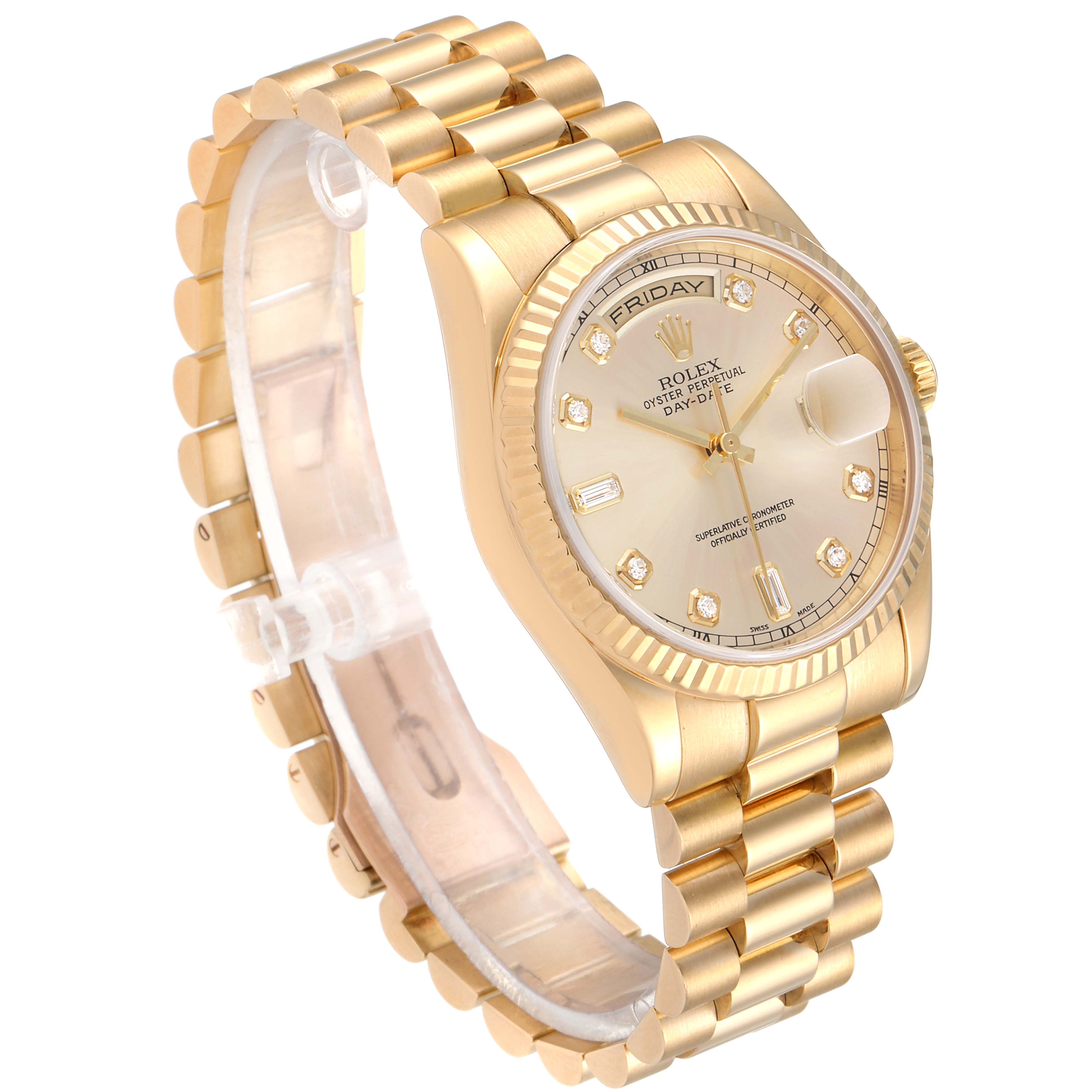 The image shows a Rolex President 118238 Men
s Yellow Gold Champagne Dial 118238 Men
s Yellow Gold Champagne Dial model watch, highlighting the gold bracelet, dial, bezel, and crown from a three-quarter angle.