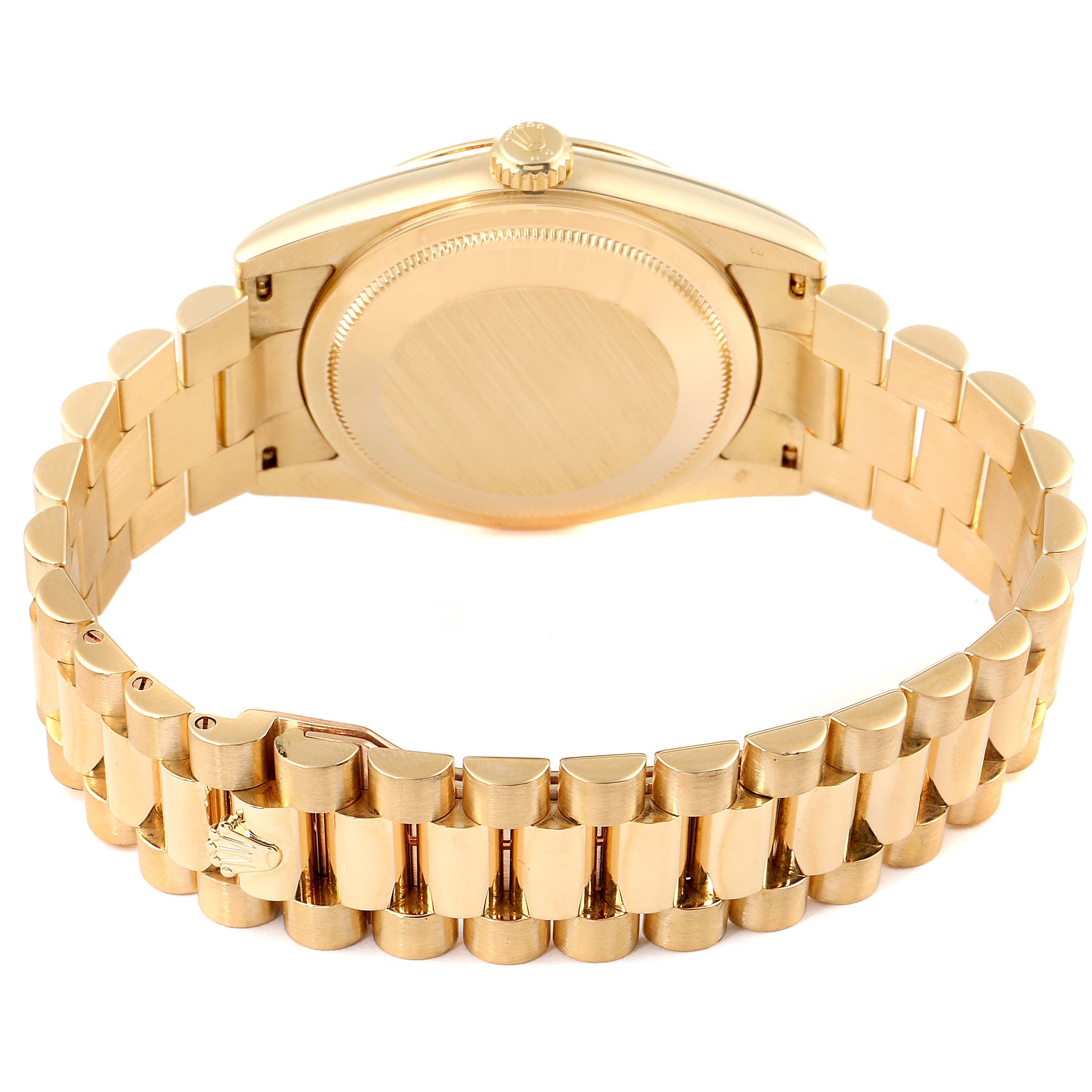 The image shows the back view of a Rolex President 118238 Men
s Yellow Gold Champagne Dial 118238 Men
s Yellow Gold Champagne Dial model watch, highlighting the bracelet and case back.