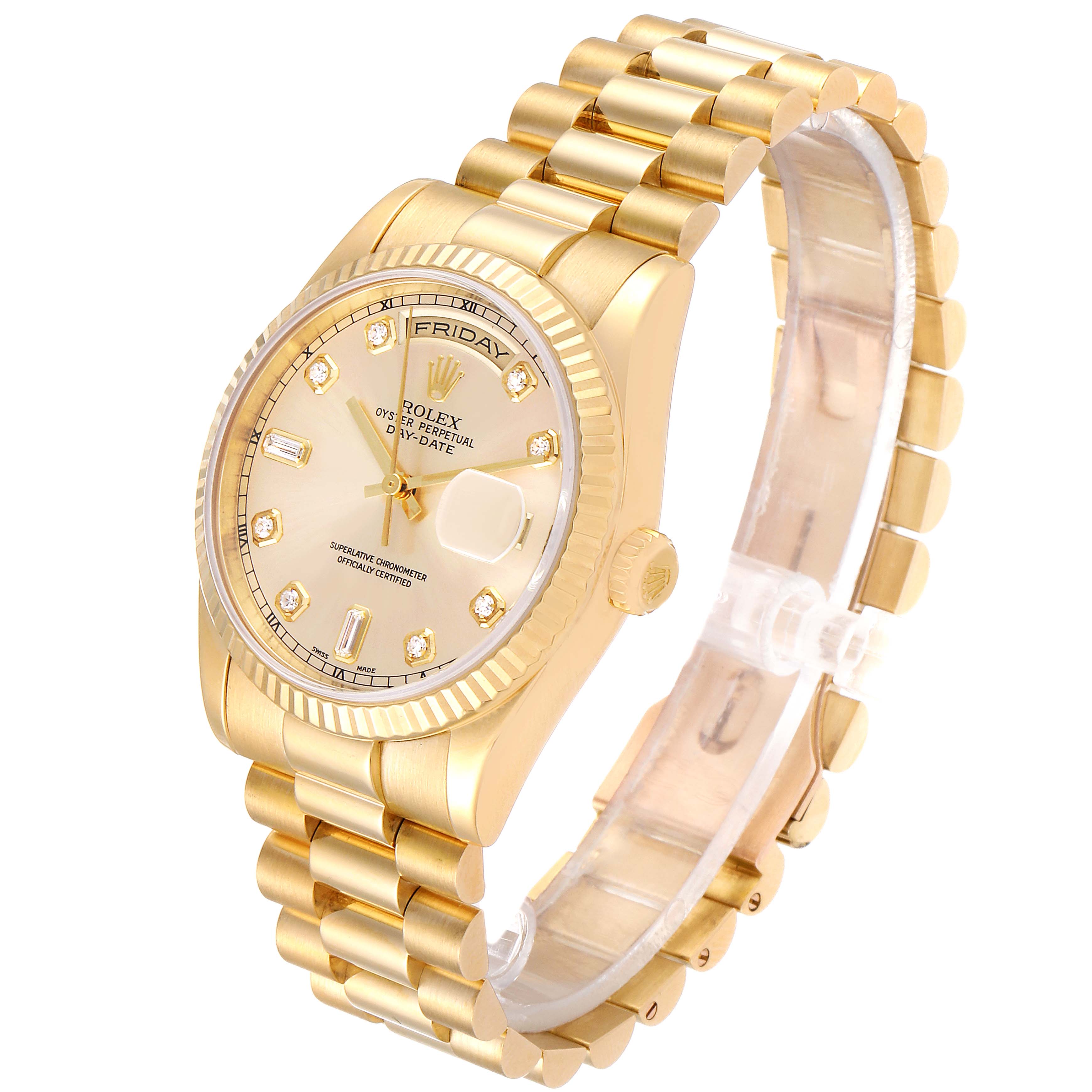 The image shows a gold Rolex President 118238 Men
s Yellow Gold Champagne Dial 118238 Men
s Yellow Gold Champagne Dial model watch from a three-quarter angle, highlighting its face, bracelet, and crown.