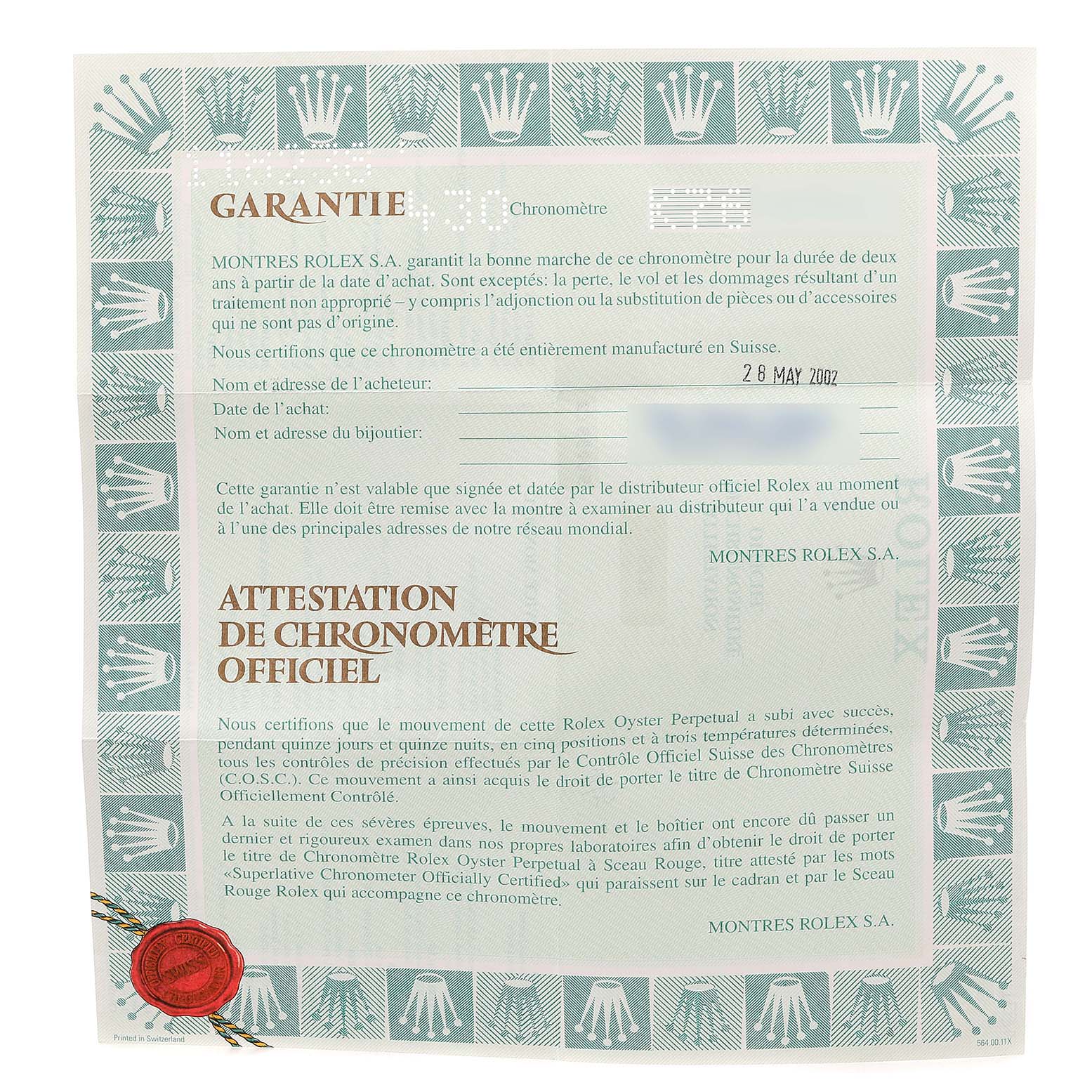 The image shows the warranty and certification document for the Rolex President 118238 Men
s Yellow Gold Champagne Dial 118238 Men
s Yellow Gold Champagne Dial watch model.