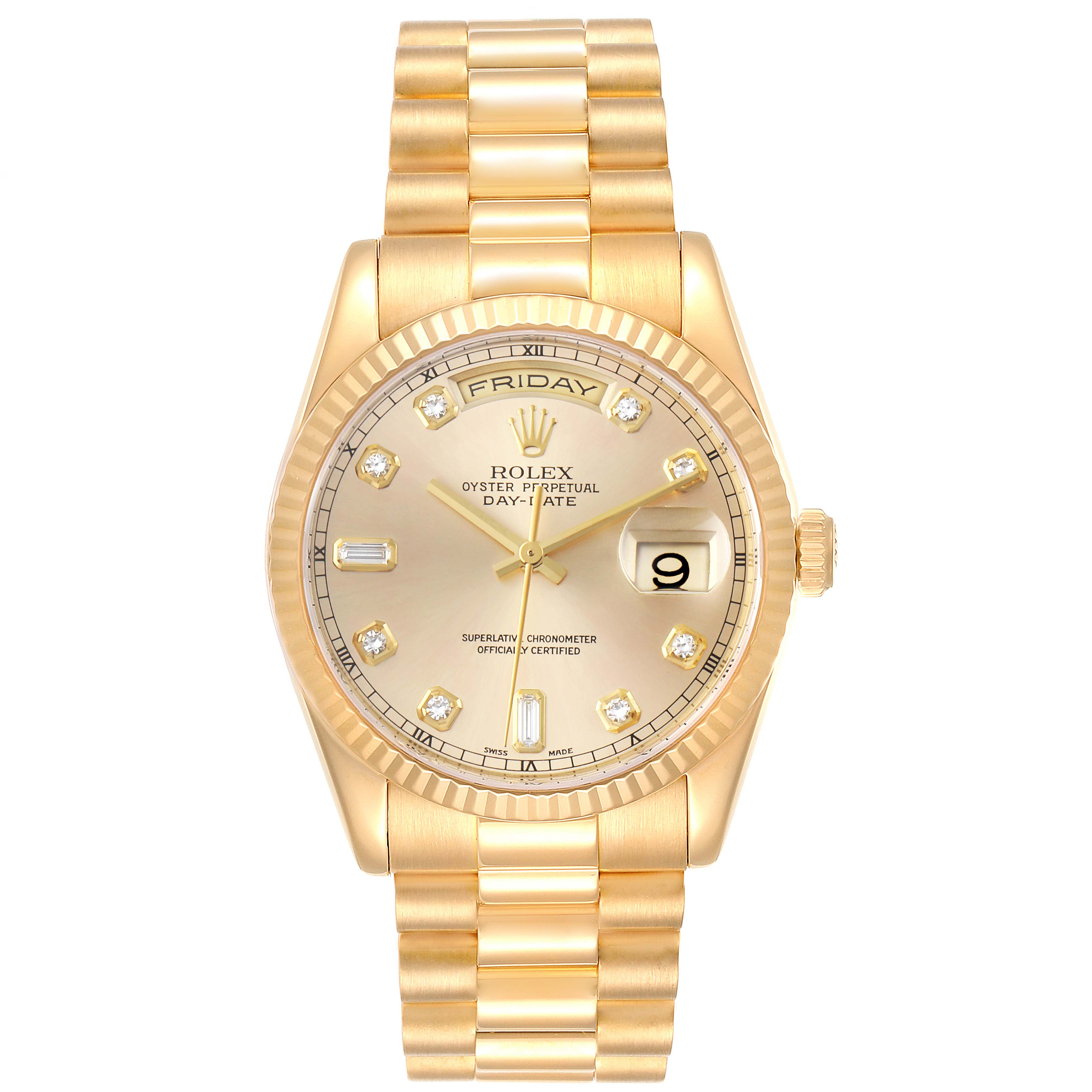 This image shows a front view of the Rolex President 118238 Men
s Yellow Gold Champagne Dial 118238 Men
s Yellow Gold Champagne Dial watch, including its dial, case, bracelet, and day-date display.