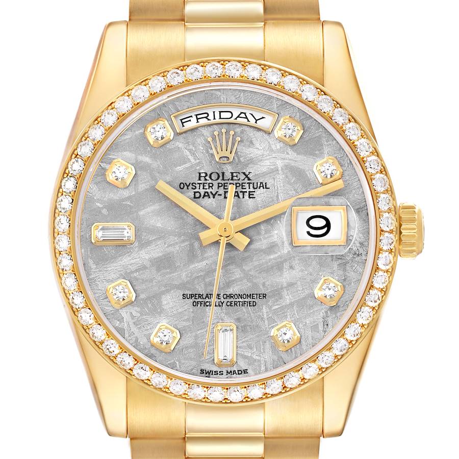 The Rolex President model is shown from the front, displaying its diamond bezel, dial, day, and date functions.