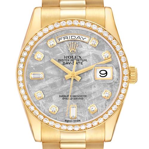 The Rolex President model is shown from the front, displaying the face, hands, bezel, crown, and part of the bracelet.