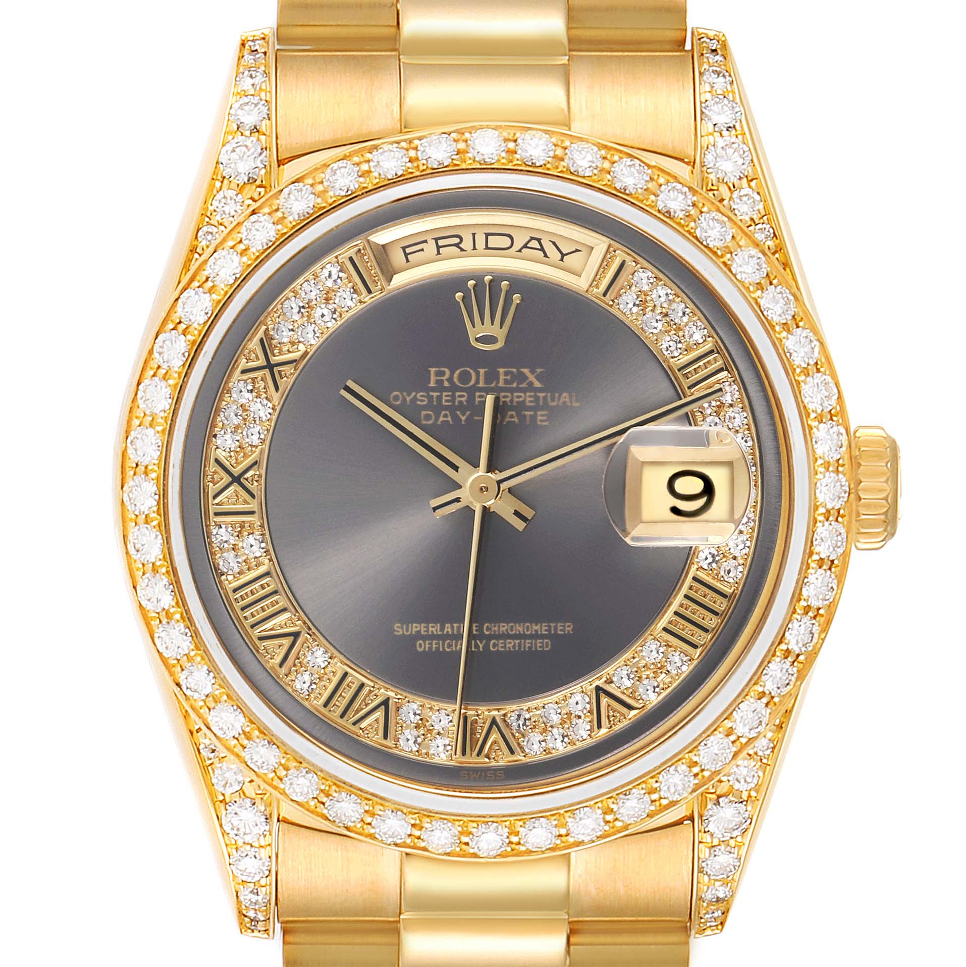 The Rolex President 18388 Men's Yellow Gold Grey Dial 18388 Men's Yellow Gold Grey Dial watch is shown from the front, highlighting its gold and diamond-encrusted bezel and face.
