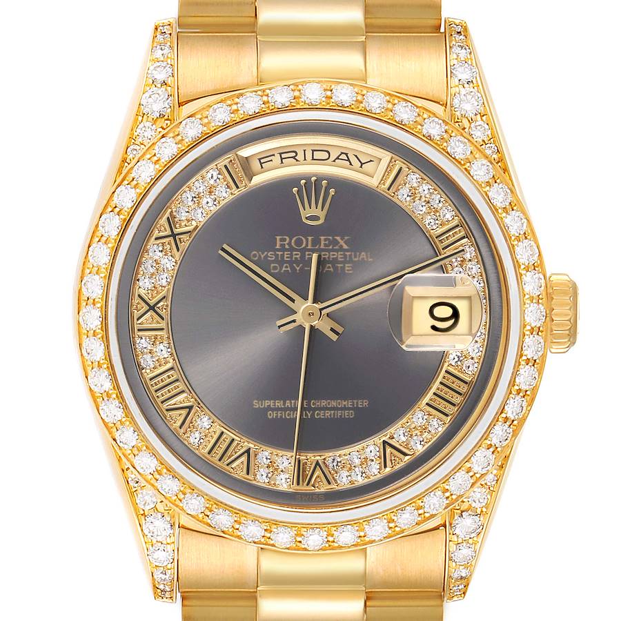 The Rolex President watch is shown from the front, highlighting its gold and diamond-encrusted bezel and face.