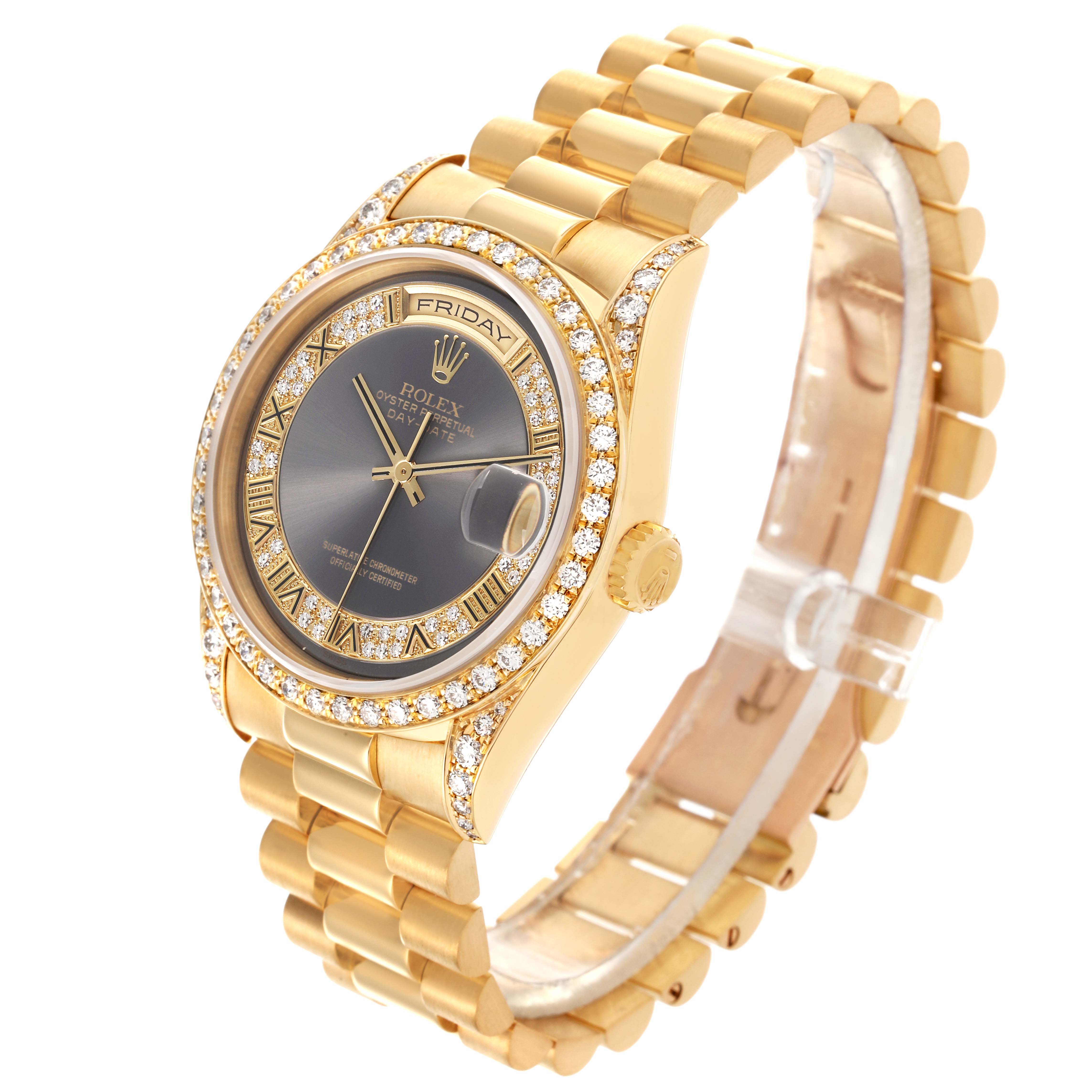 The Rolex President 18388 Men's Yellow Gold Grey Dial 18388 Men's Yellow Gold Grey Dial model is shown at a three-quarter angle, displaying the face, bezel, and bracelet.