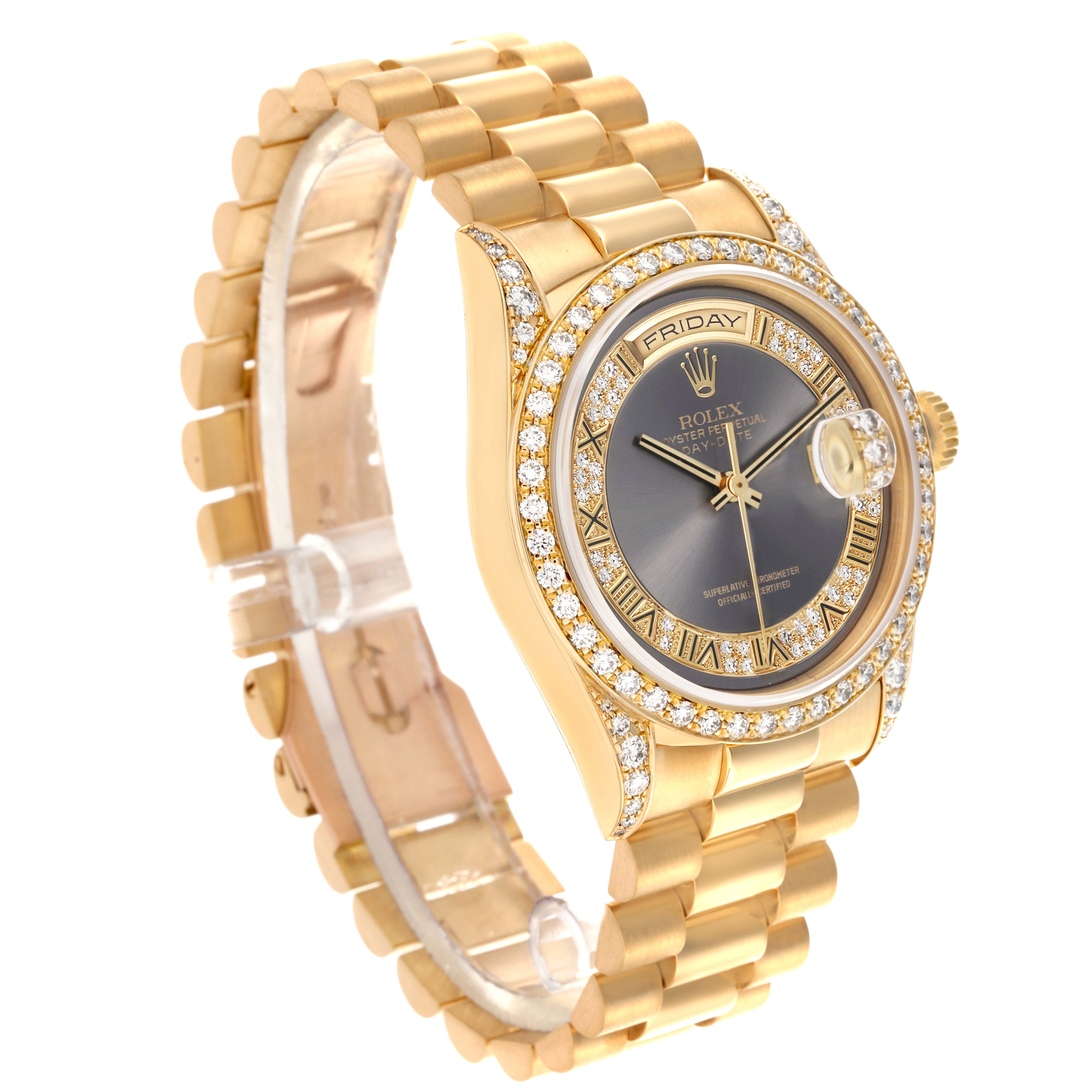 The Rolex President 18388 Men's Yellow Gold Grey Dial 18388 Men's Yellow Gold Grey Dial watch is angled to show the face, bezel, and part of the bracelet band.