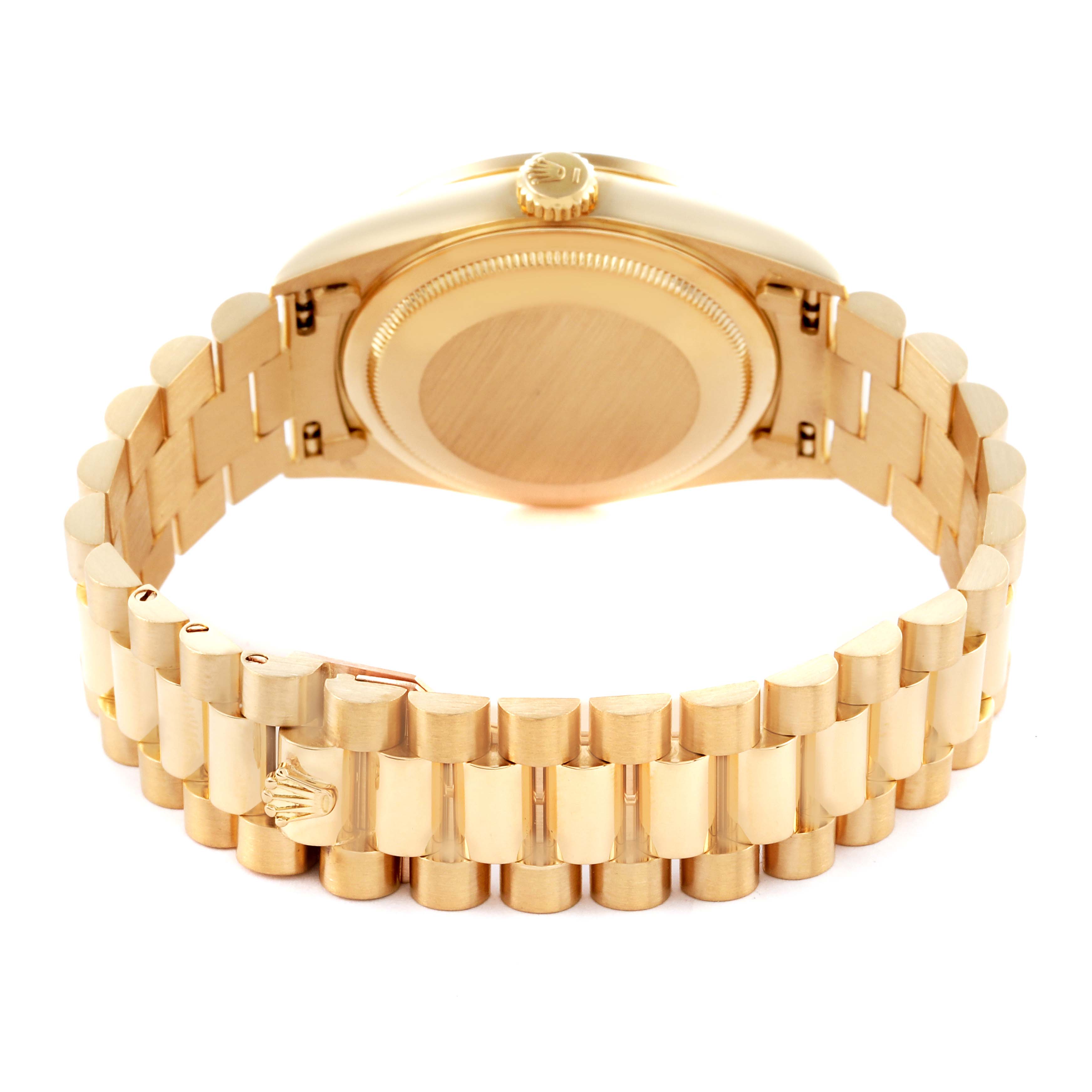 The Rolex President 18388 Men's Yellow Gold Grey Dial 18388 Men's Yellow Gold Grey Dial watch is shown from the back, displaying the case back and bracelet.