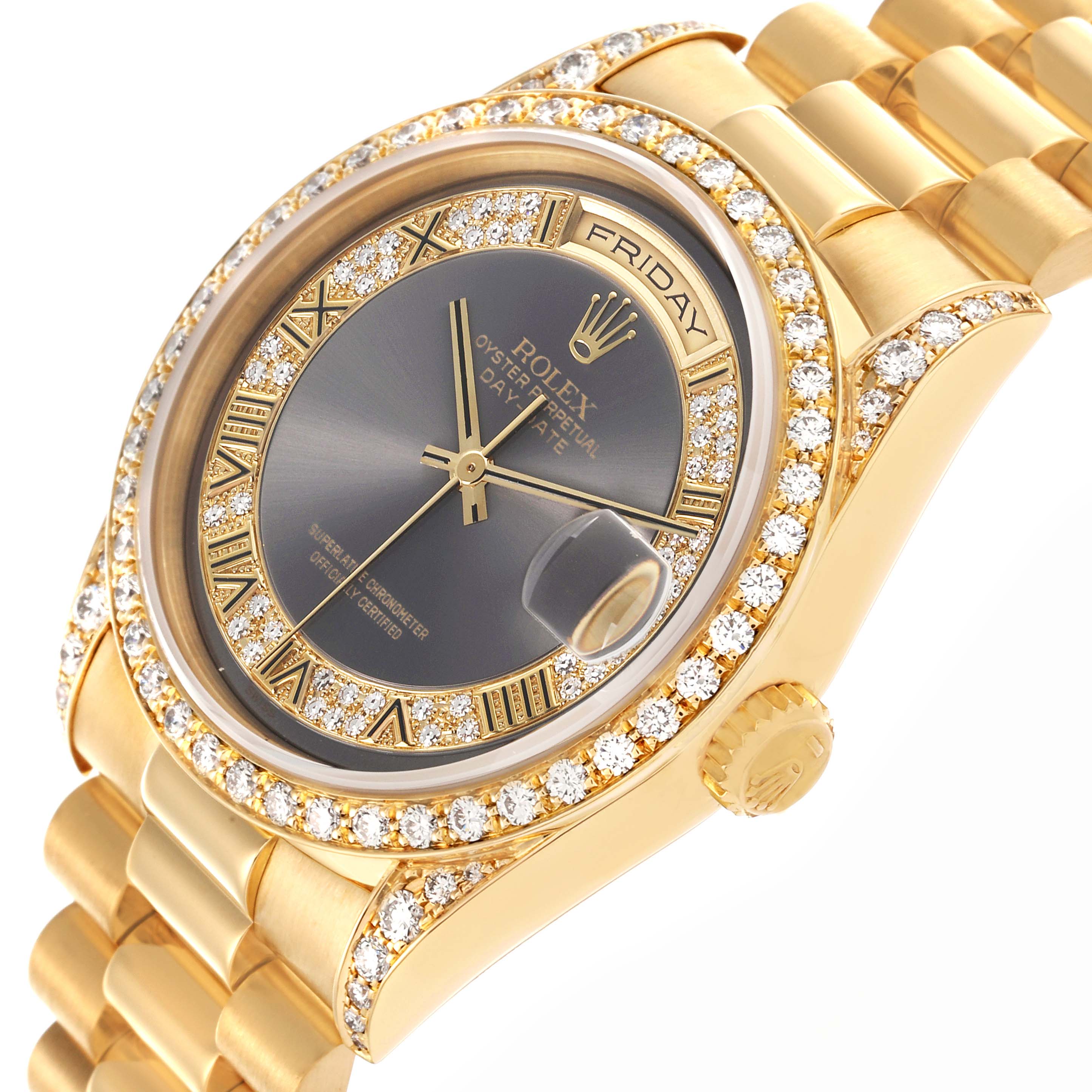 The Rolex President 18388 Men's Yellow Gold Grey Dial 18388 Men's Yellow Gold Grey Dial model is shown at an angled view, displaying the diamond-studded bezel and bracelet.